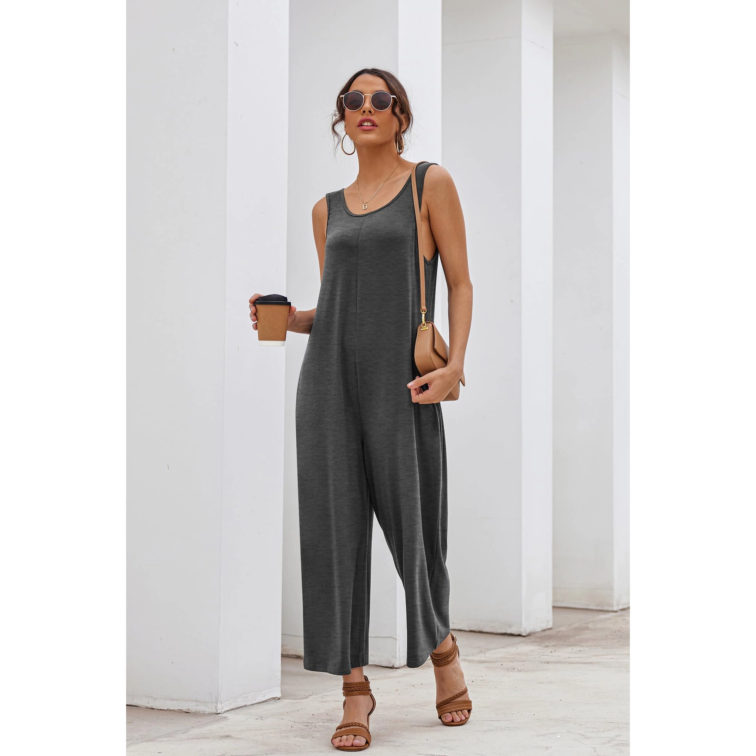 Ekouaer Women's Sleeveless Scoop Neck Wide Leg Jumpsuit with Pockets