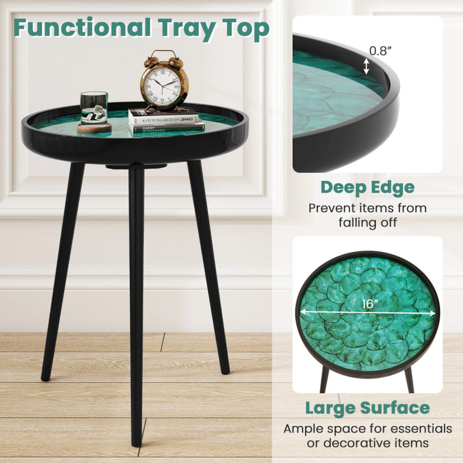 SUGIFT Handmade Sea Shell Tray-Top Mid-century Modern Coffee End Table 16-in Round 100-lb Capacity Green + Black