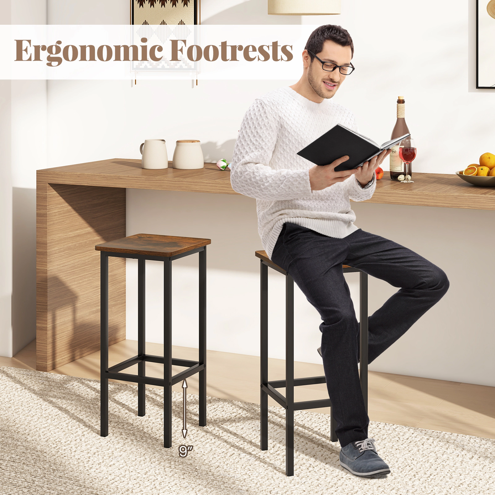 Hivvago Set of 4 Bar Stool 26 Inch Chair with Metal Legs and Footrest