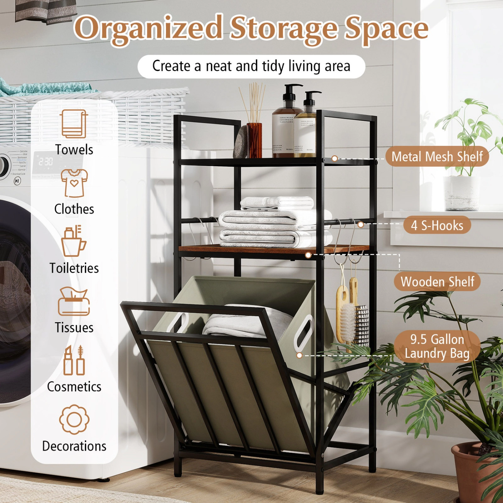 SUGIFT 2 Tier Laundry Hamper Black with Tilt-Out Basket Mesh Shelf and 4 Hooks
