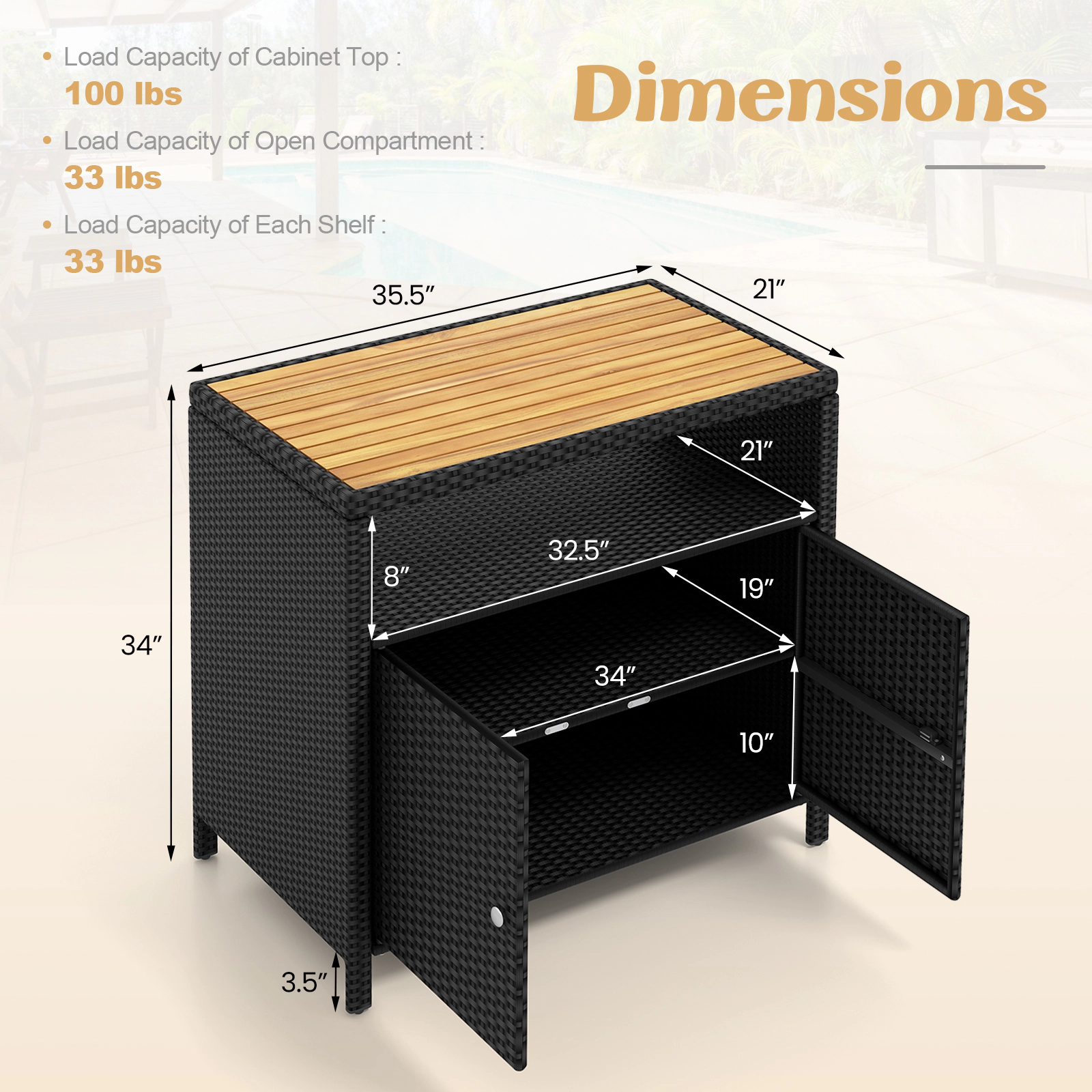 Glintex 35.5-Inch Outdoor Rattan Cabinet with Acacia Wood Countertop, Black + Natural