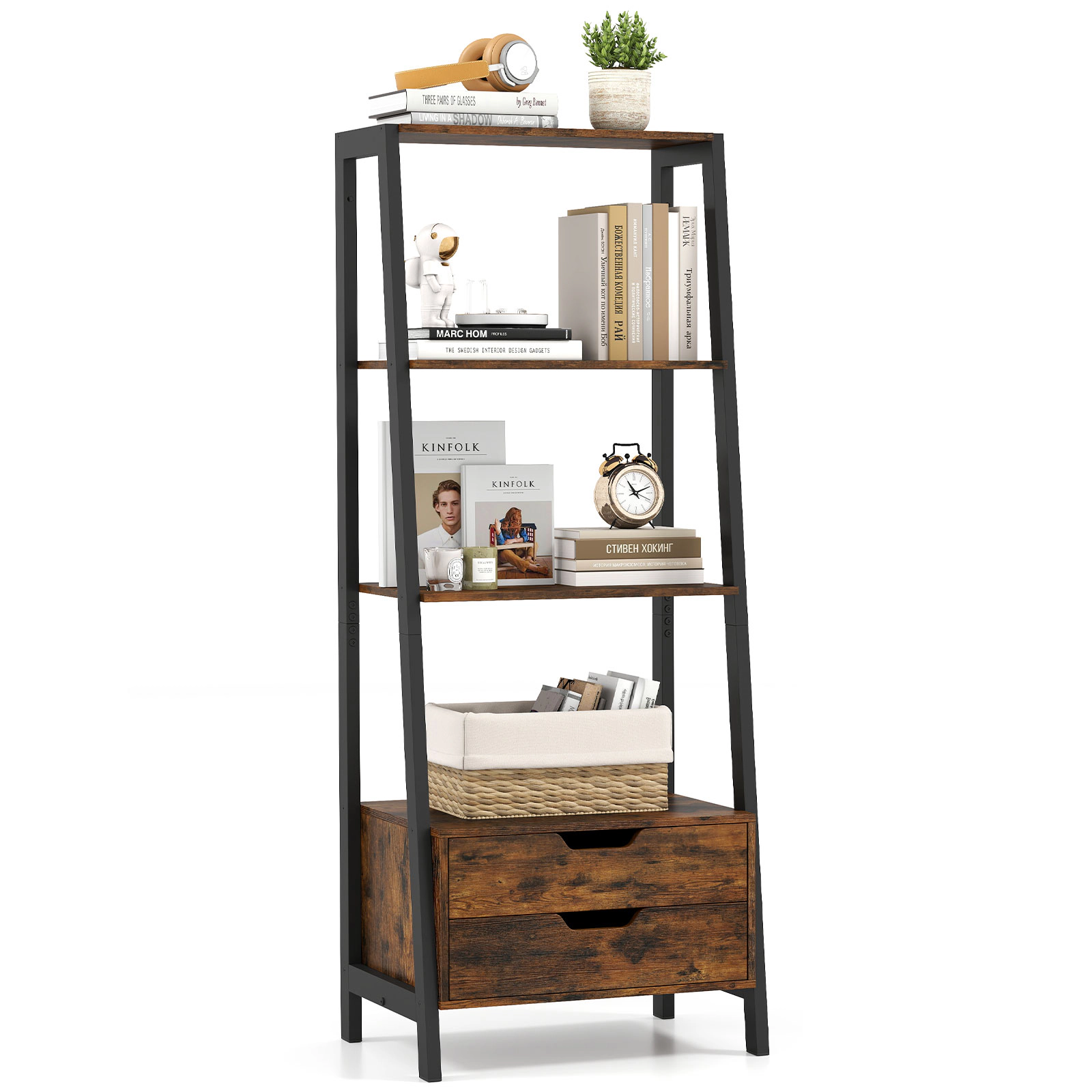 SUGIFT 4-Tier Ladder Shelf Freestanding Bookcase with 2 Drawers 52.5-in Tall 200-lb Capacity Rustic Brown & Black