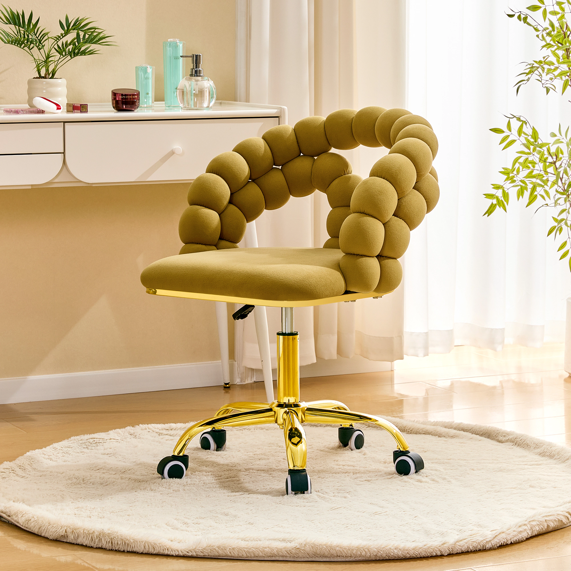 Platinum-Level Office Chairs Mustard Yellow Velvet Bubble Back Swivel Vanity Chair with Gold Base