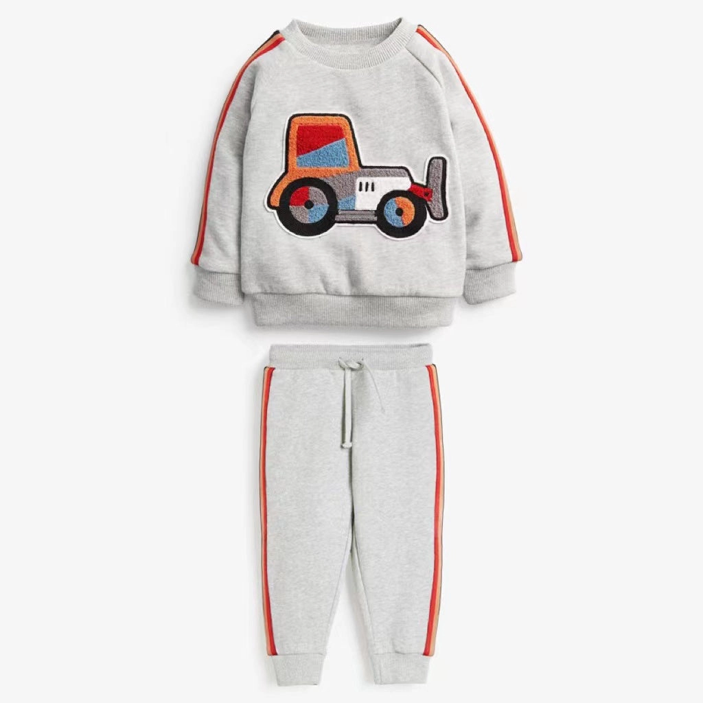 MyKids-USA Baby Boy Cartoon Truck Pattern Side Striped Design Hoodie & Trousers Warm Sets