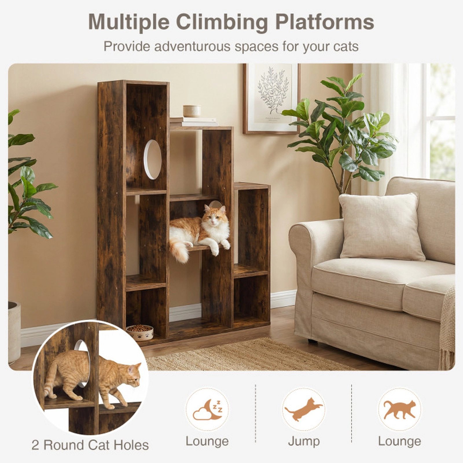 SUGIFT 46-in Cat Tree Bookshelf with 2 Round Hideaway Holes Stepped Climbing Levels and 8 Shelves