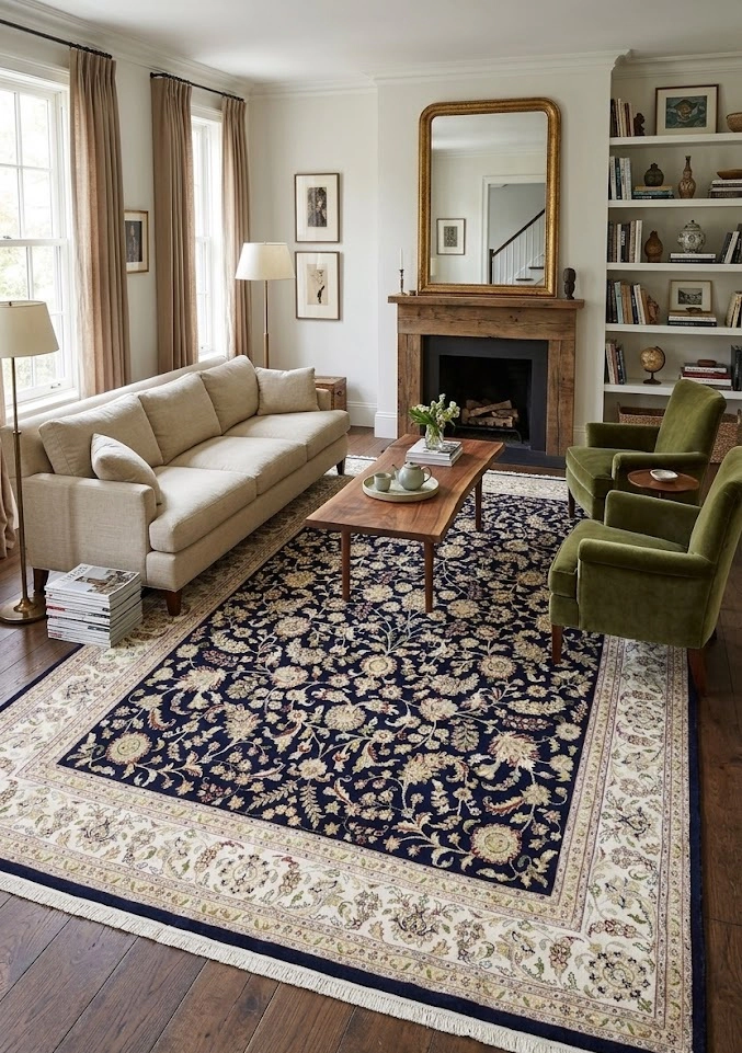 Magic Rugs 9'8 x 14'3 Dark Navy Hand Knotted Floral Indo-Nain Wool Rug
