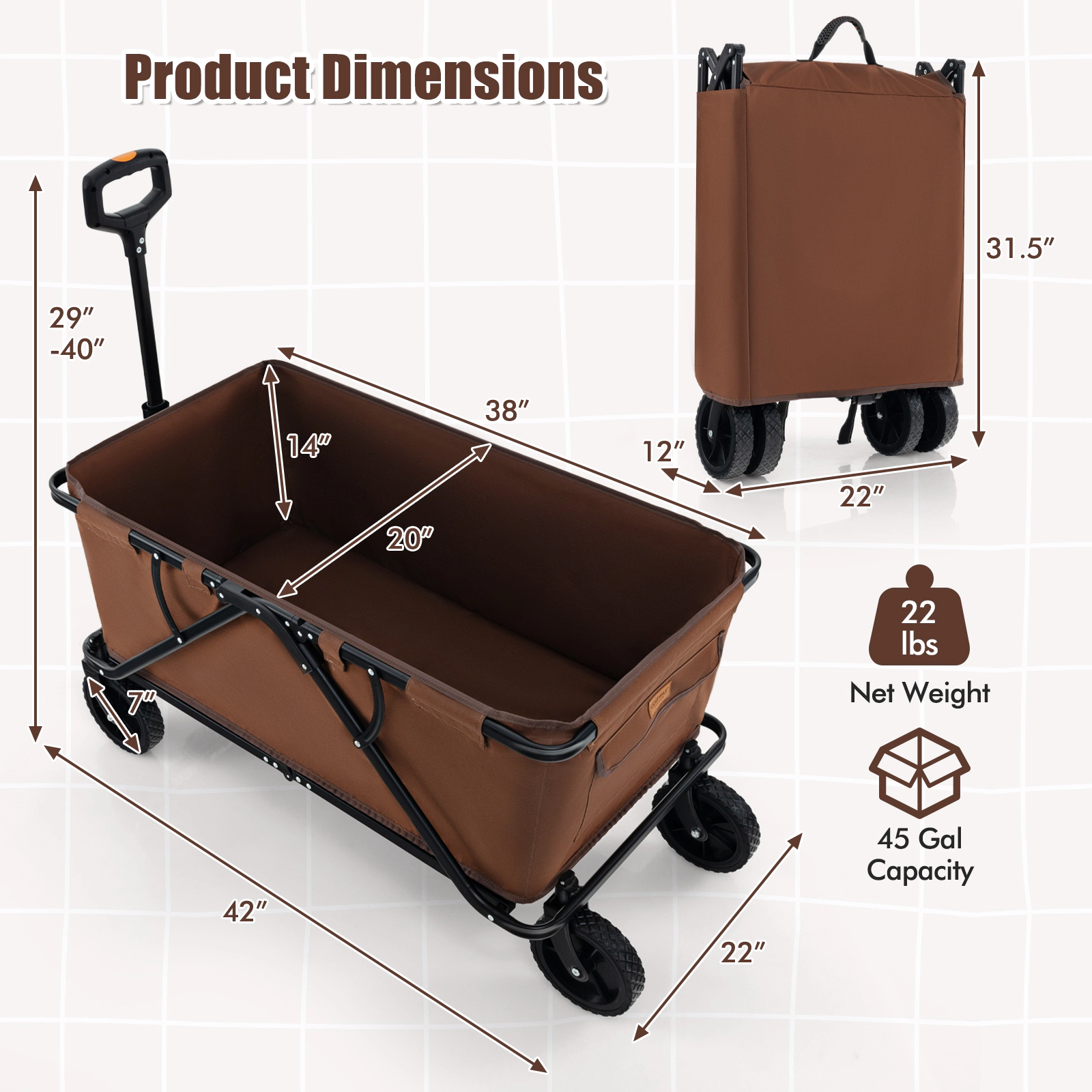 SUGIFT Coffee 45 Gallon Collapsible Folding Utility Wagon with Adjustable Handlebar 38-in W 20-in D 14-in H