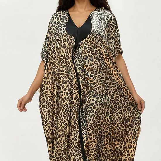 Anna-Kaci Women's Abstract Print Maxi Kaftan Dress with Contrast Trim and Relaxed Flowy Silhouette