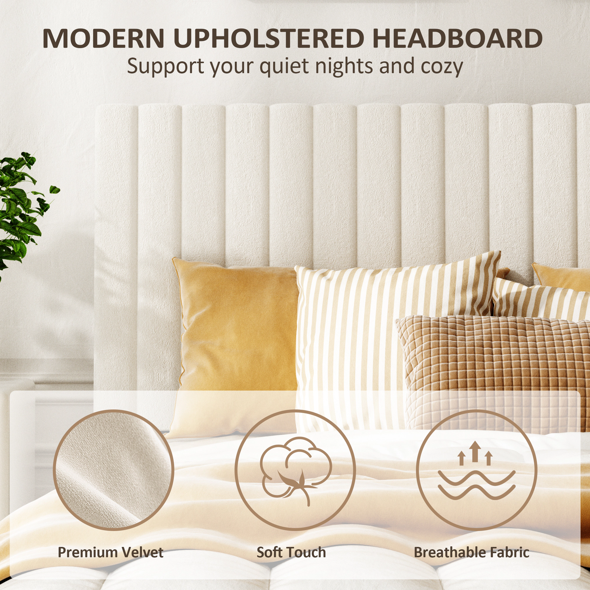 Flynama Queen Velvet Platform Bed with Height-Adjustable Headboard, Sturdy & Quiet, Beige