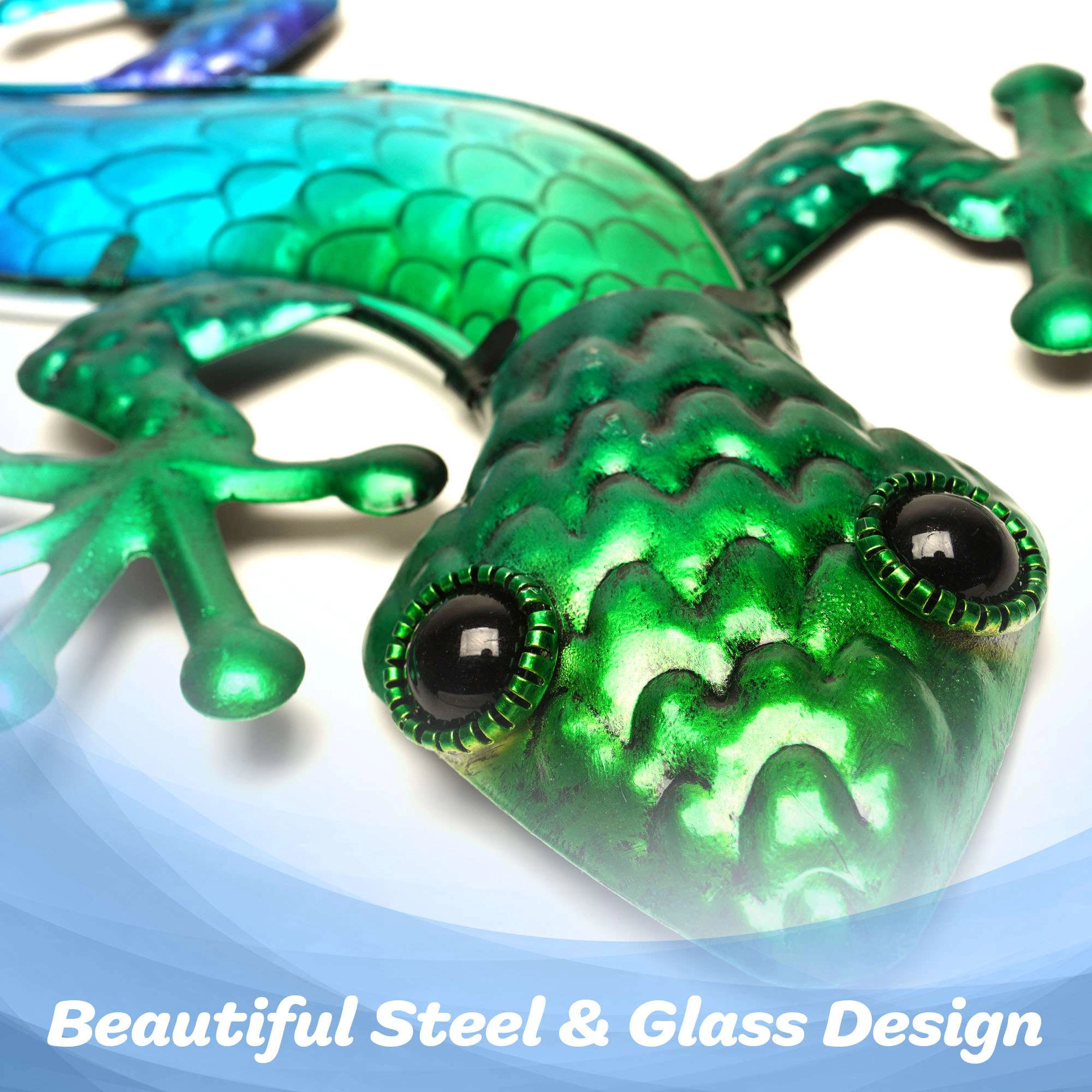 G128 Green Blue Metal Gecko Wall Art Set of 2