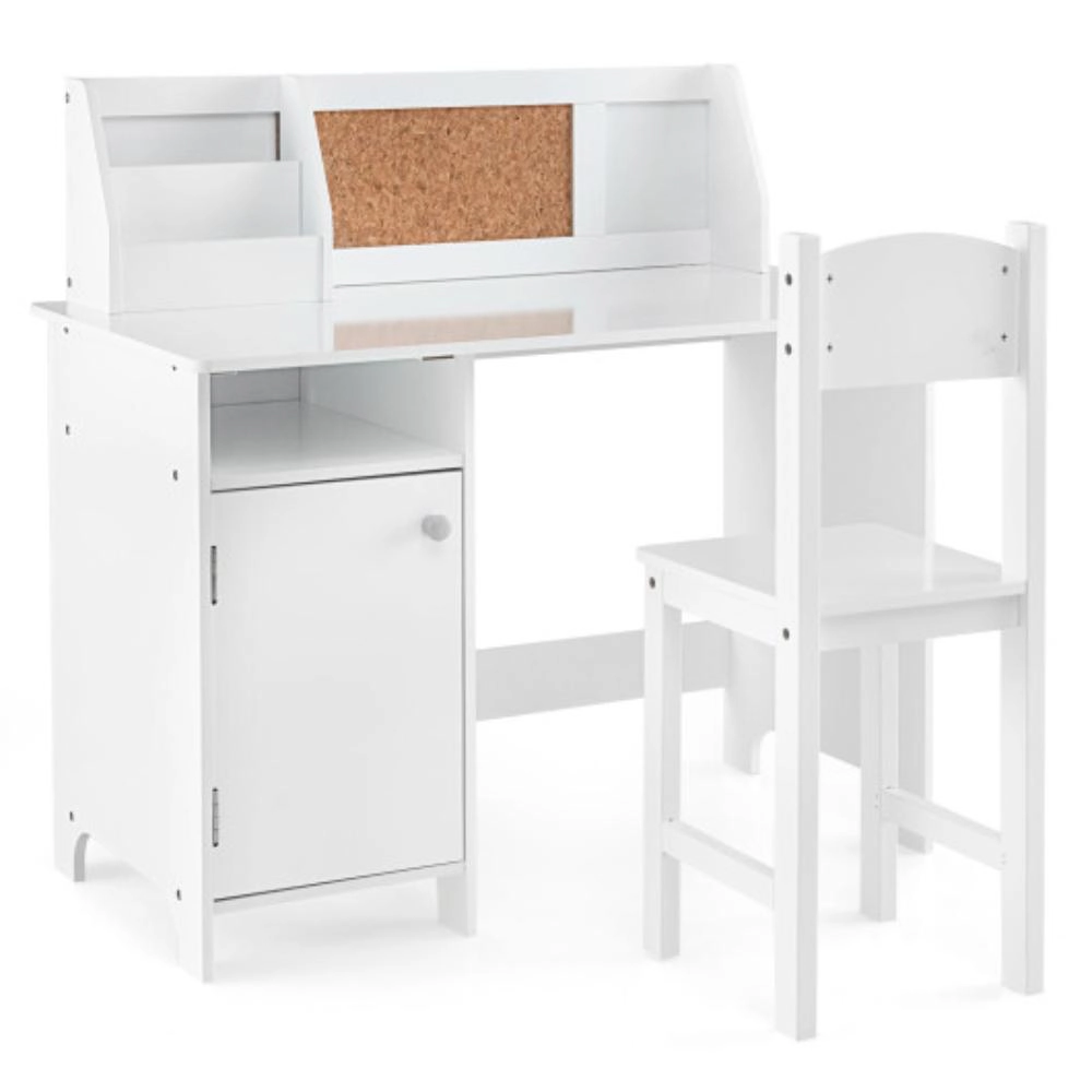 Hivvago Wooden Kids Study Desk And Chair Set With Storage Cabinet And Bulletin Board-White