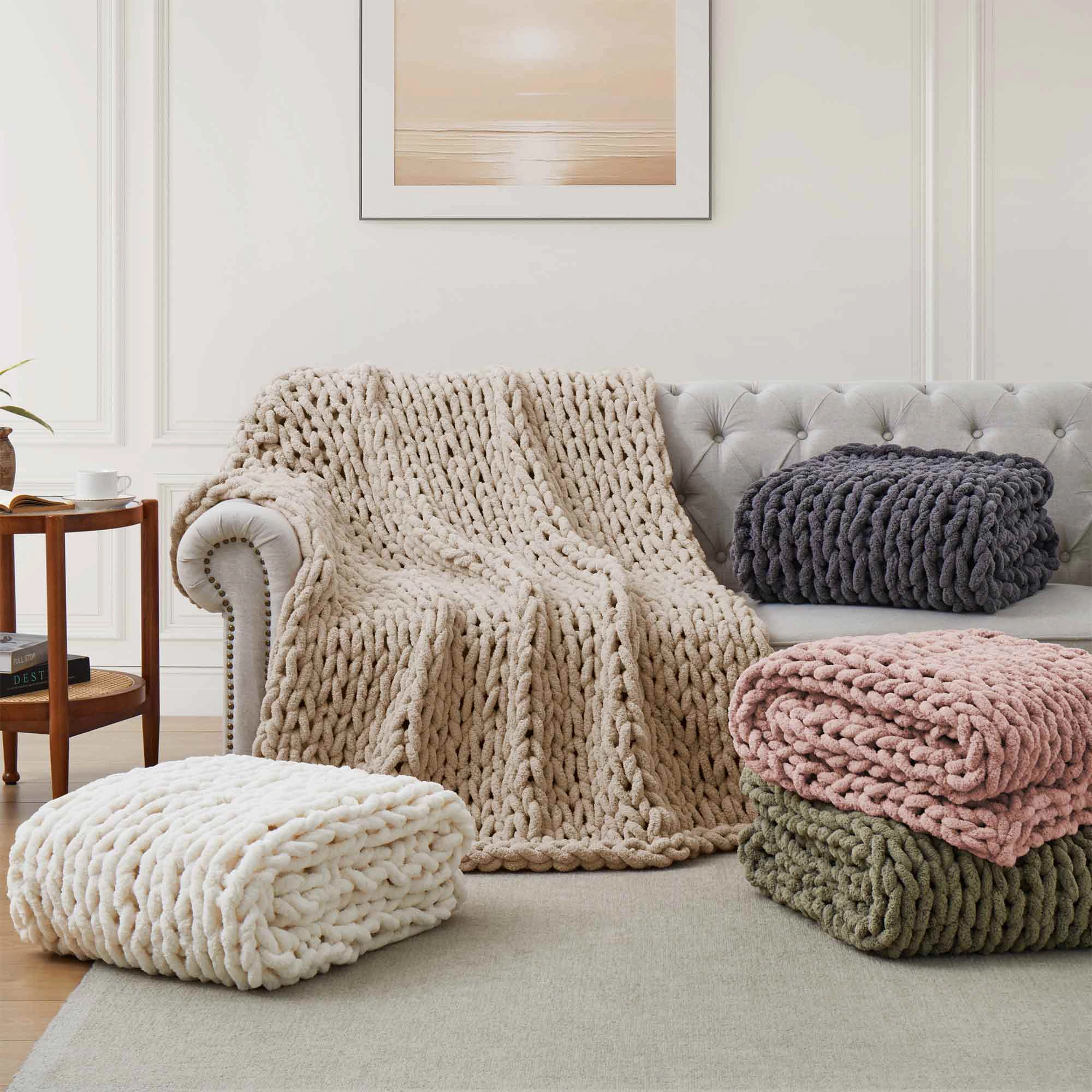 PEACENEST Chenille Knitted Throw Blanket Soft Cozy Decorative