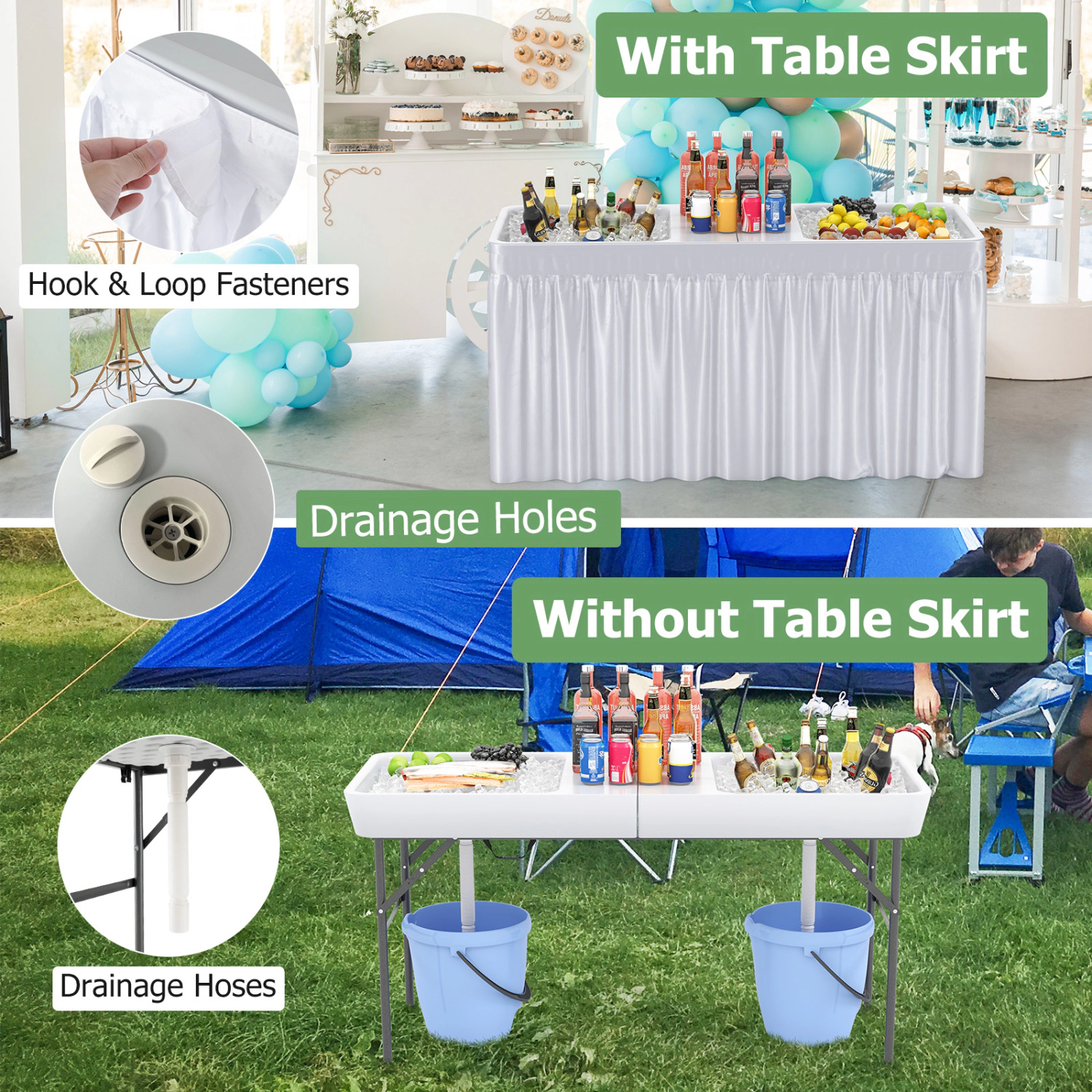 LJG 5 FT Folding Ice Cooler Table with Double Sinks for Camping Party Picnic Wedding