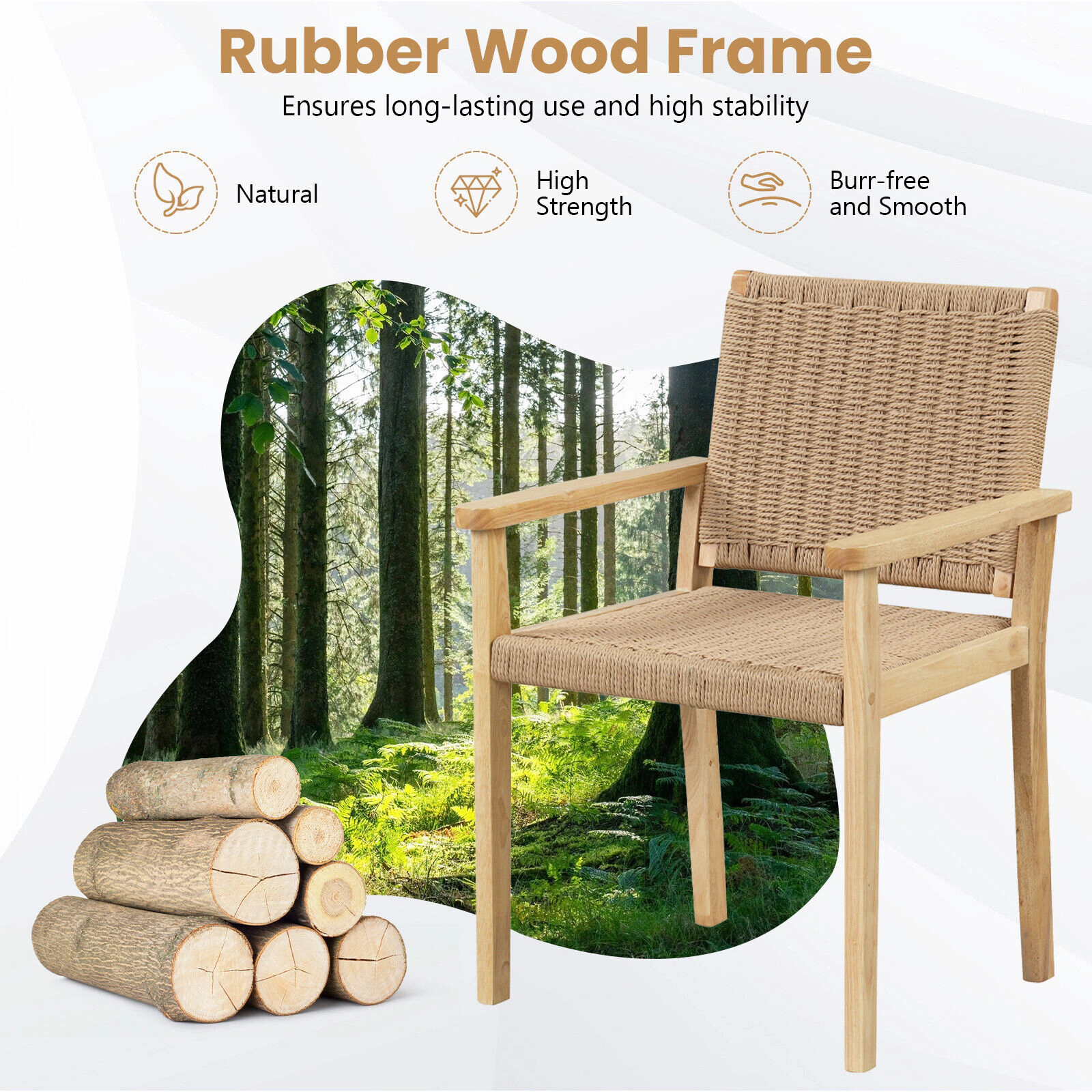 SUGIFT Indoor Outdoor Rubber Wood Dining Armchair Set of 2 400-lb Capacity 23.5-in Wide 18.5-in Seat Height Natural