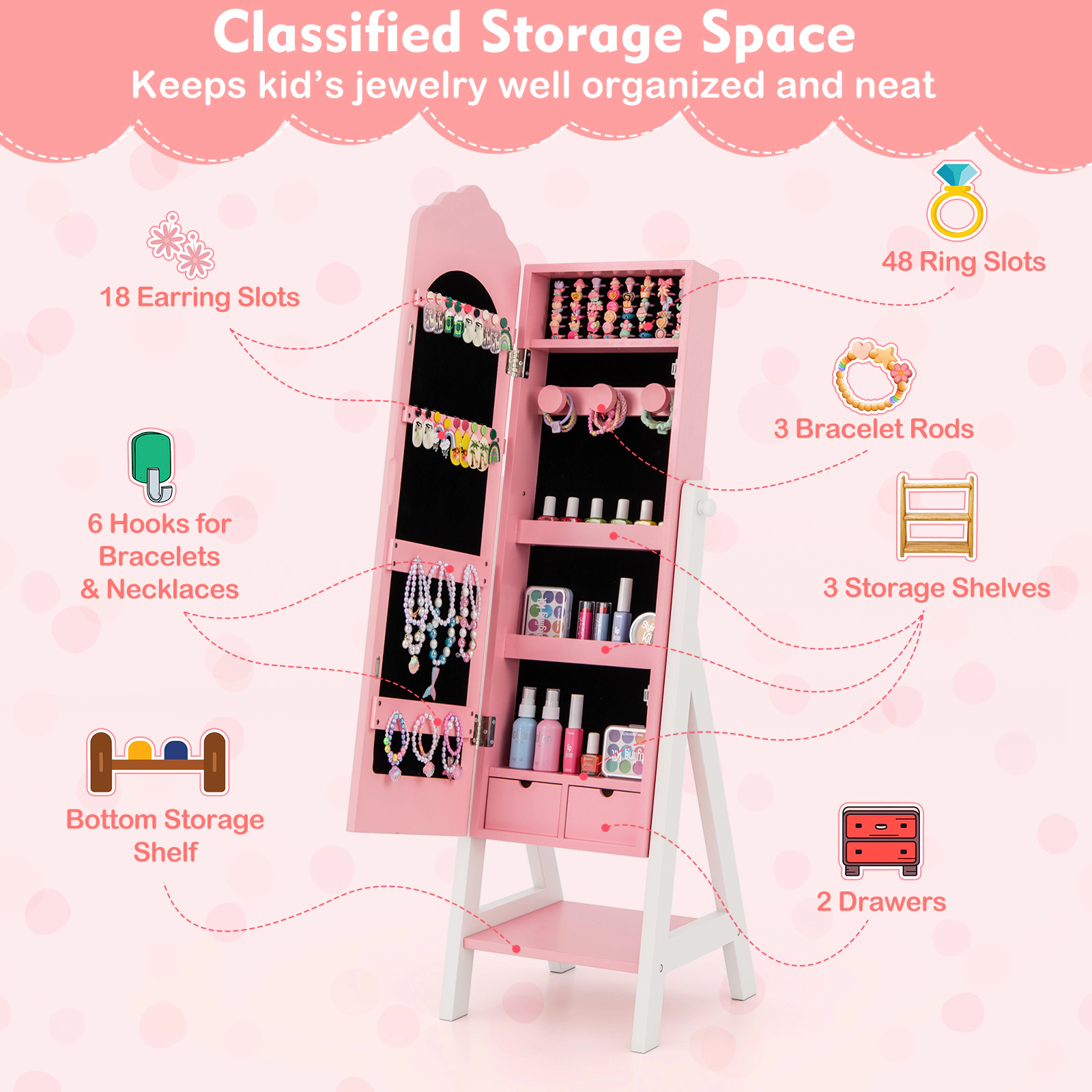 SUGIFT Pink Full Length Mirror Drawer and Open Storage Shelves Kids Jewelry Organizer