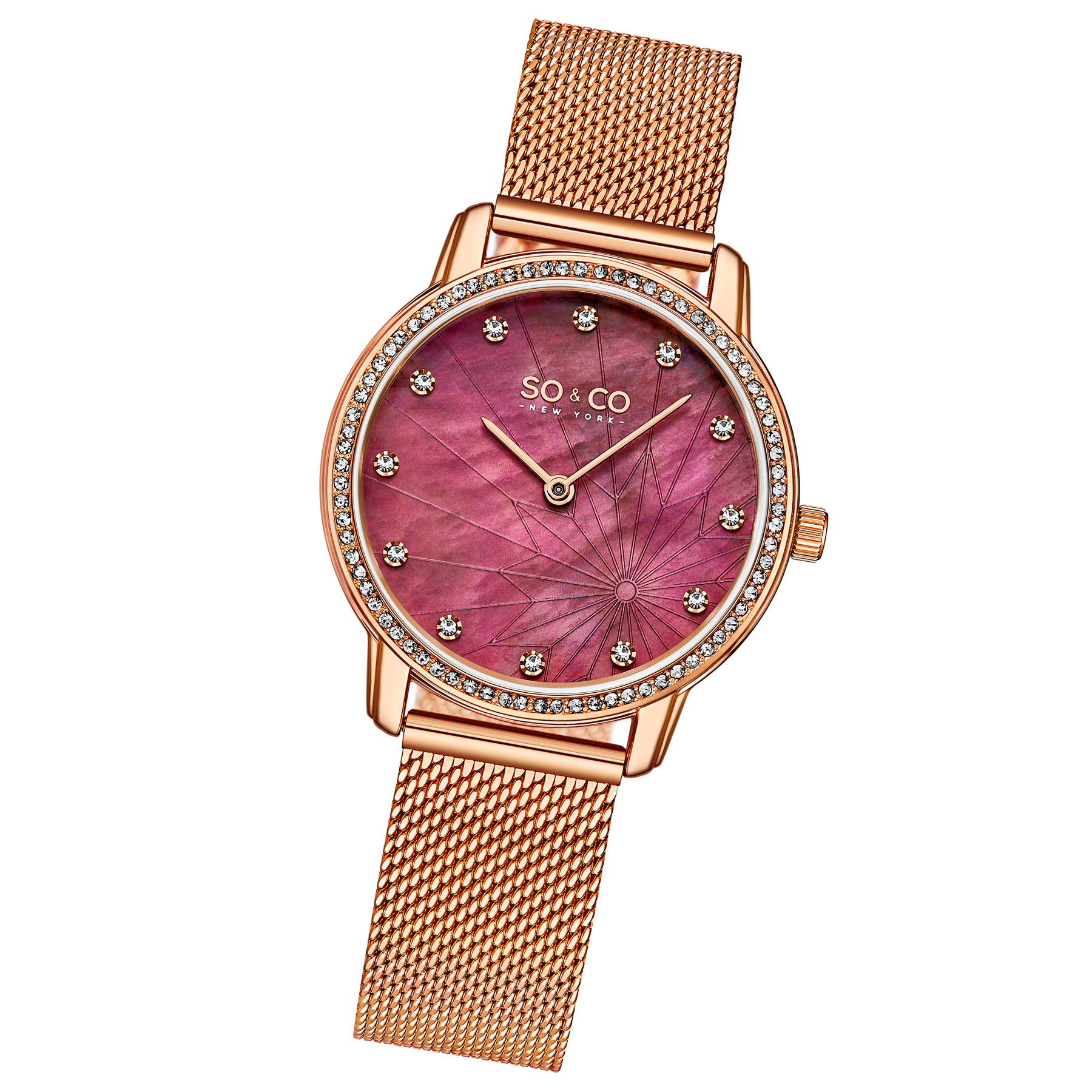 SO&CO Chelsea 5586 34mm Crystal Studded MOP Watch with Mesh Strap