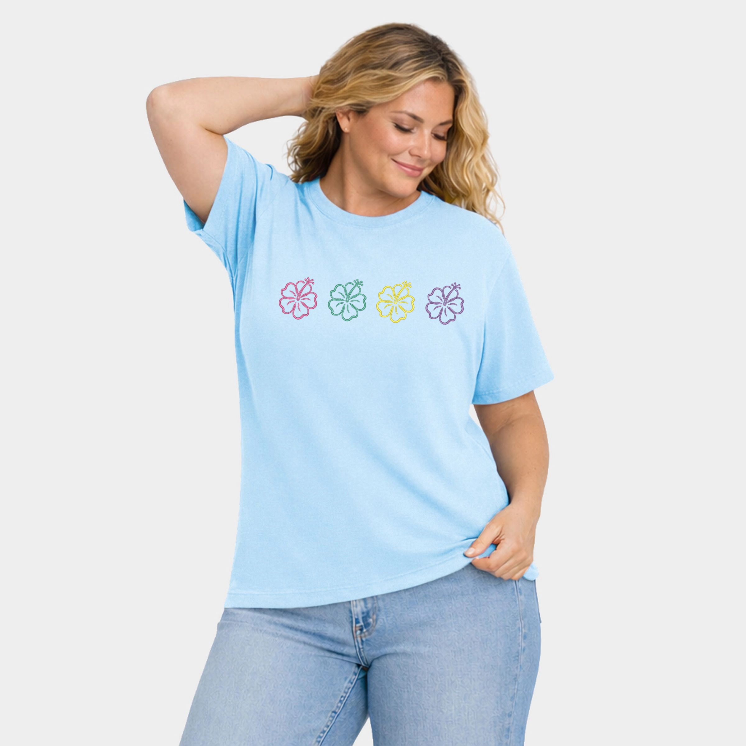 Simply Sage Market - Embroidered Hibiscus Flowers Women's Plus Sized Garment Dyed Graphic T-Shirt