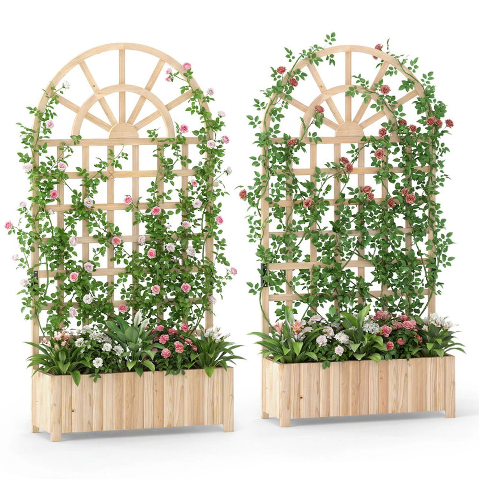 SUGIFT Set of 2 Wooden Raised Garden Bed with Trellis 88-lb Capacity 71-in Tall Brown/Natural
