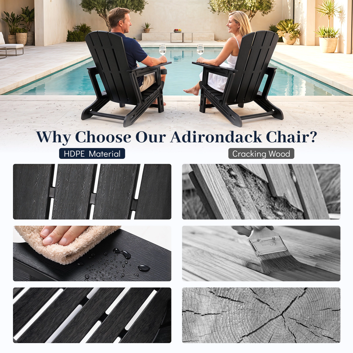 LJG HDPE Adirondack Chairs with Realistic Wood Grain for Backyard Lawn