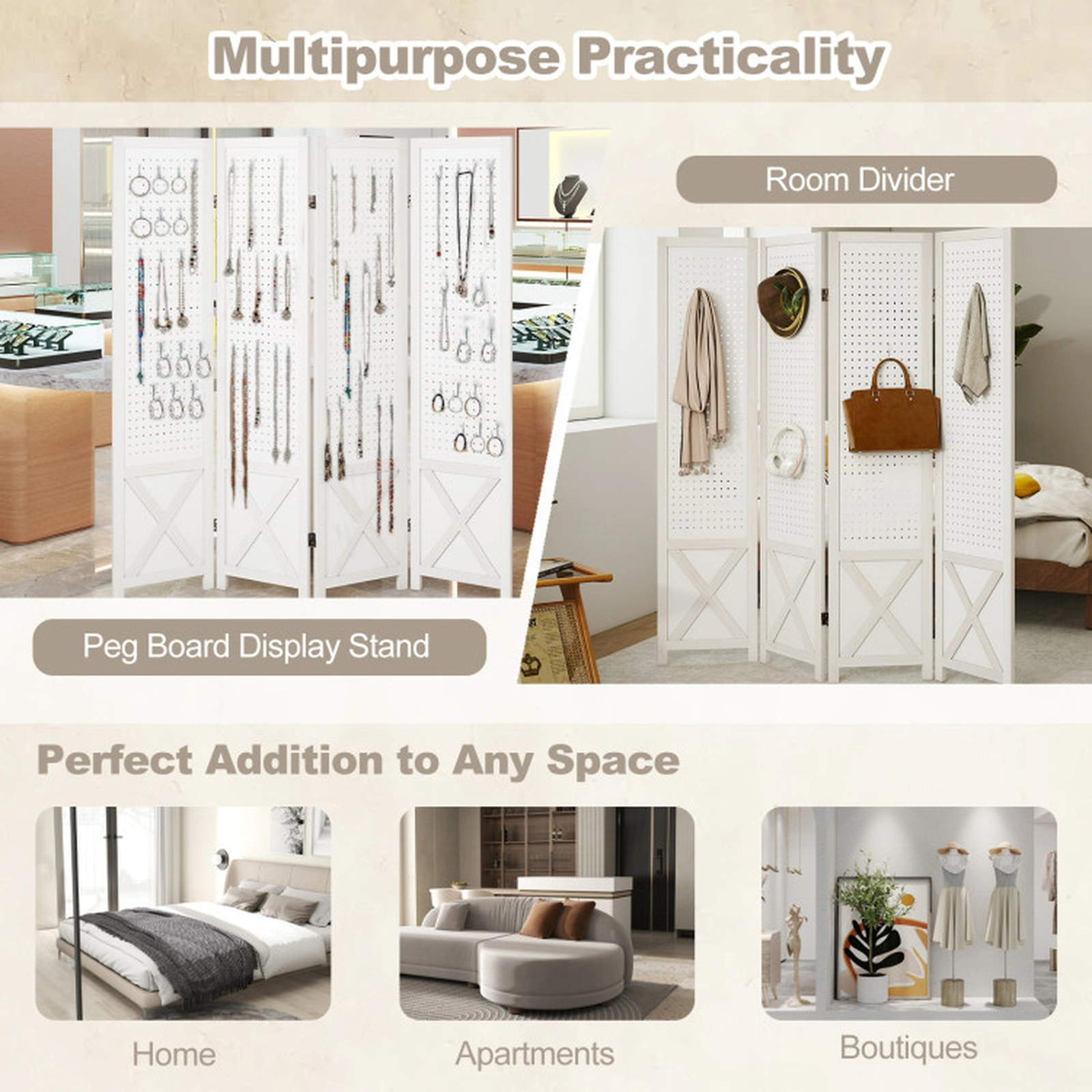 SUGIFT 4-Panel Pegboard Room Divider Shelving Unit 67-in Tall Privacy Screen 64-in Wide White Paulownia Wood MDF