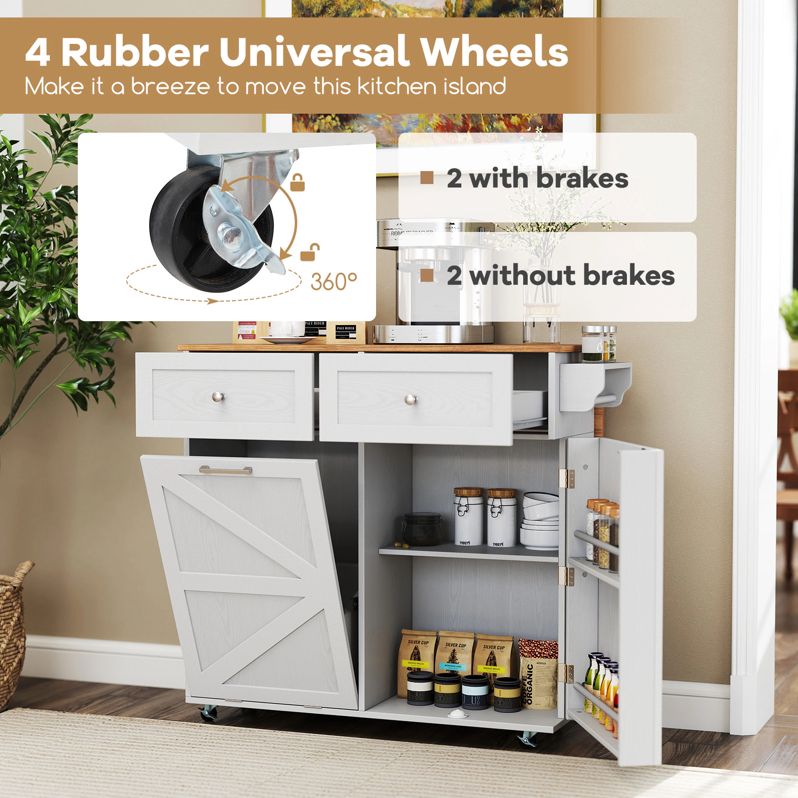 SUGIFT Rolling Kitchen Island Gray with Trash Can Cabinet Drop Leaf and Rubber Wheels
