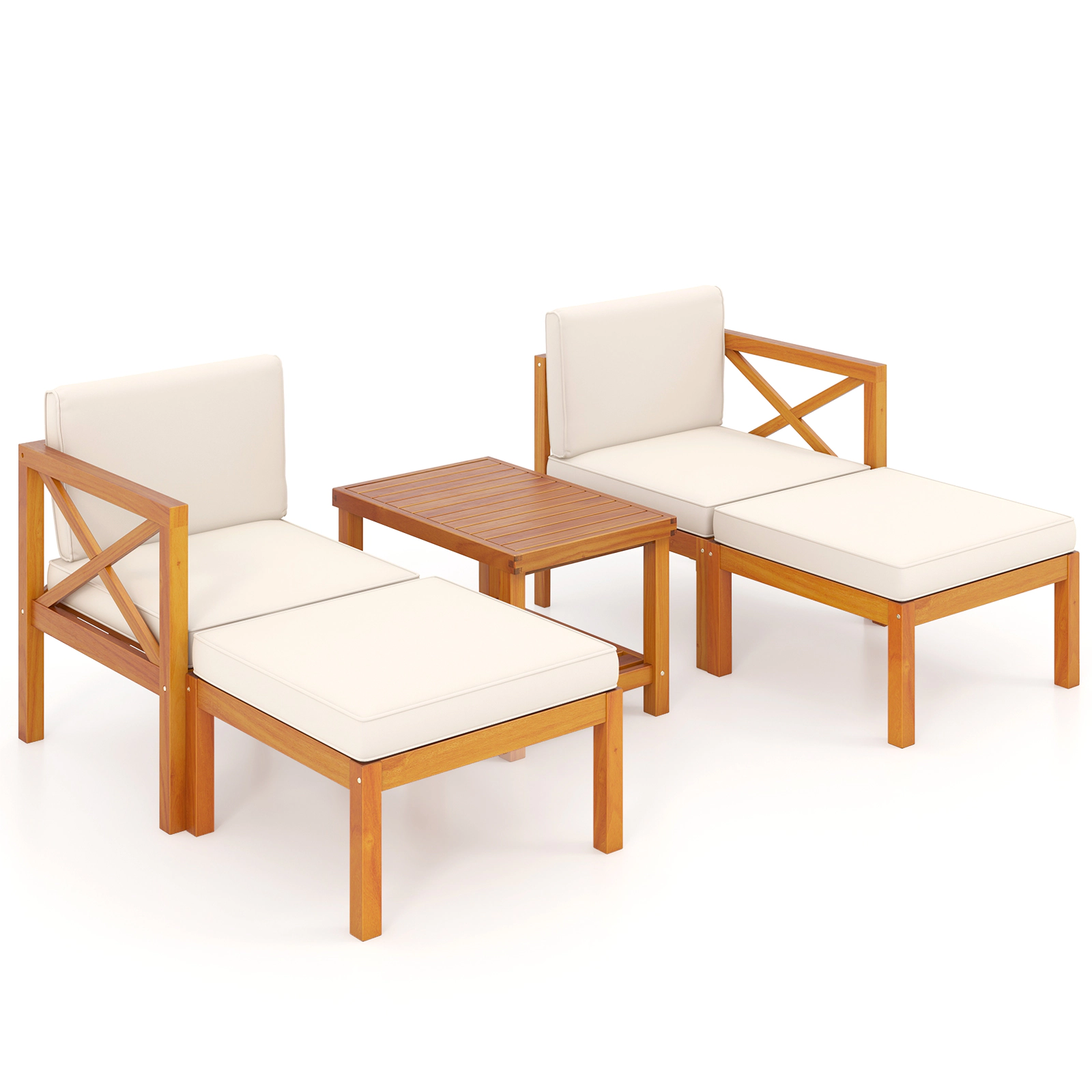 LJG 5 Pieces Acacia Wood Patio Lounge Chair Set with Ottomans and Cushions