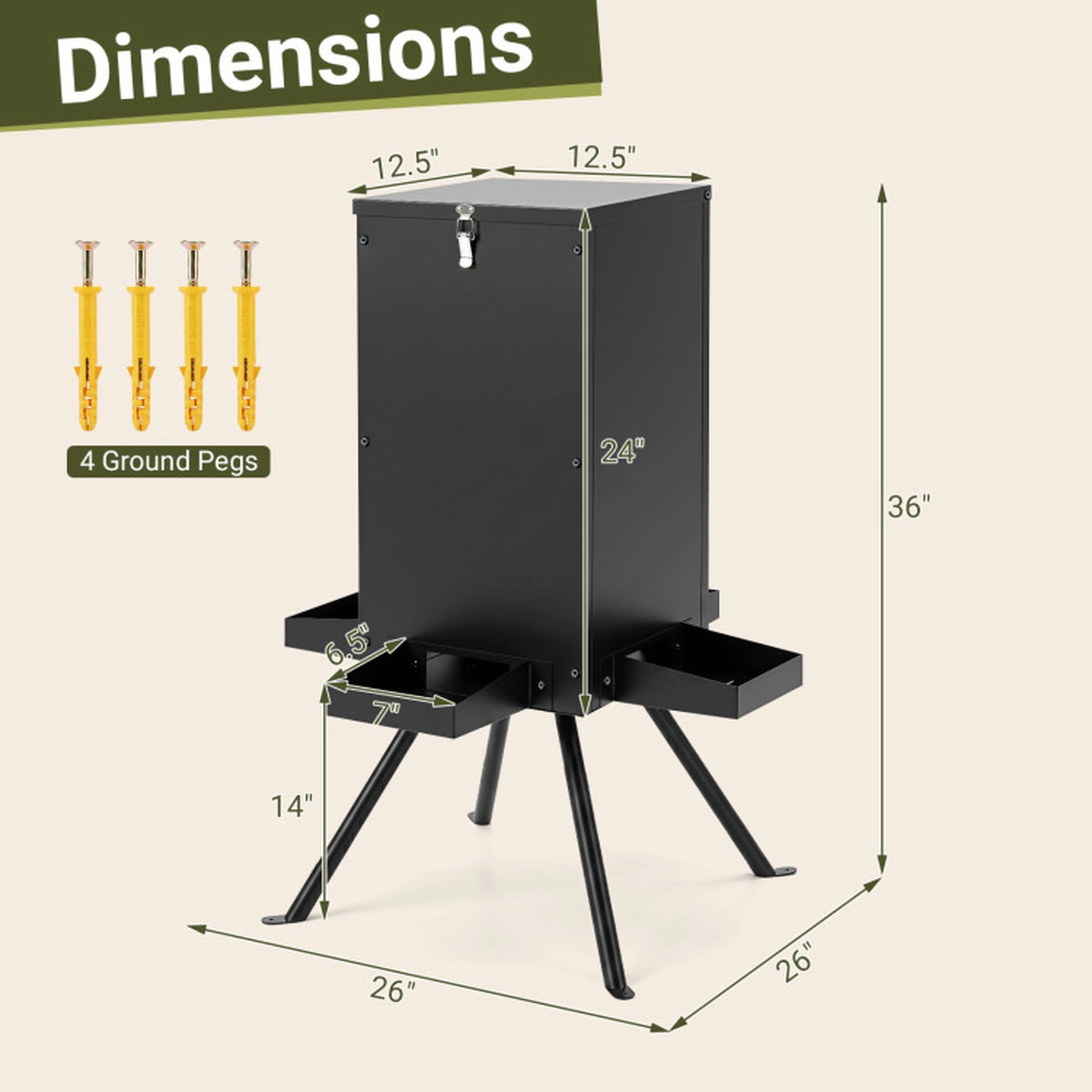 SUGIFT 90-lb Gravity Deer Feeder with 50-90 lb Hopper Capacity 4 Feeding Trays 4-Leg Stand 36-in Tall Black