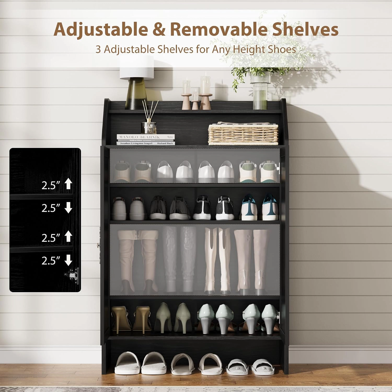 Black Wood Grain 2-Door Shoe Storage Cabinet Entryway Wooden Accent Cabinet with Adjustable Shelves