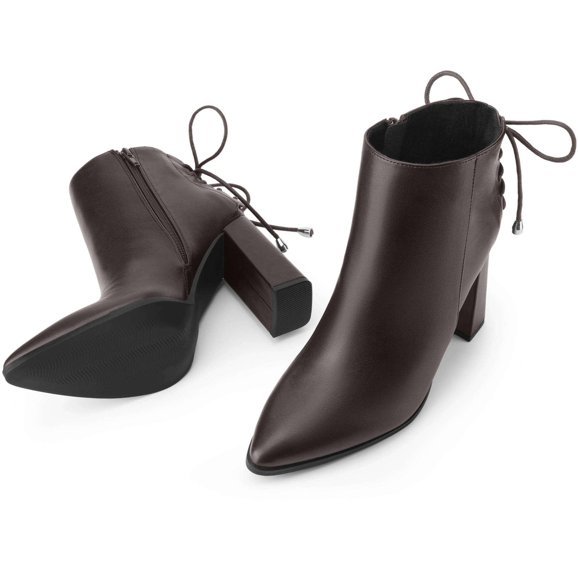 BLISSFUL STEP Women's Pointed Toe Back Tie Chunky Heel Ankle Boots
