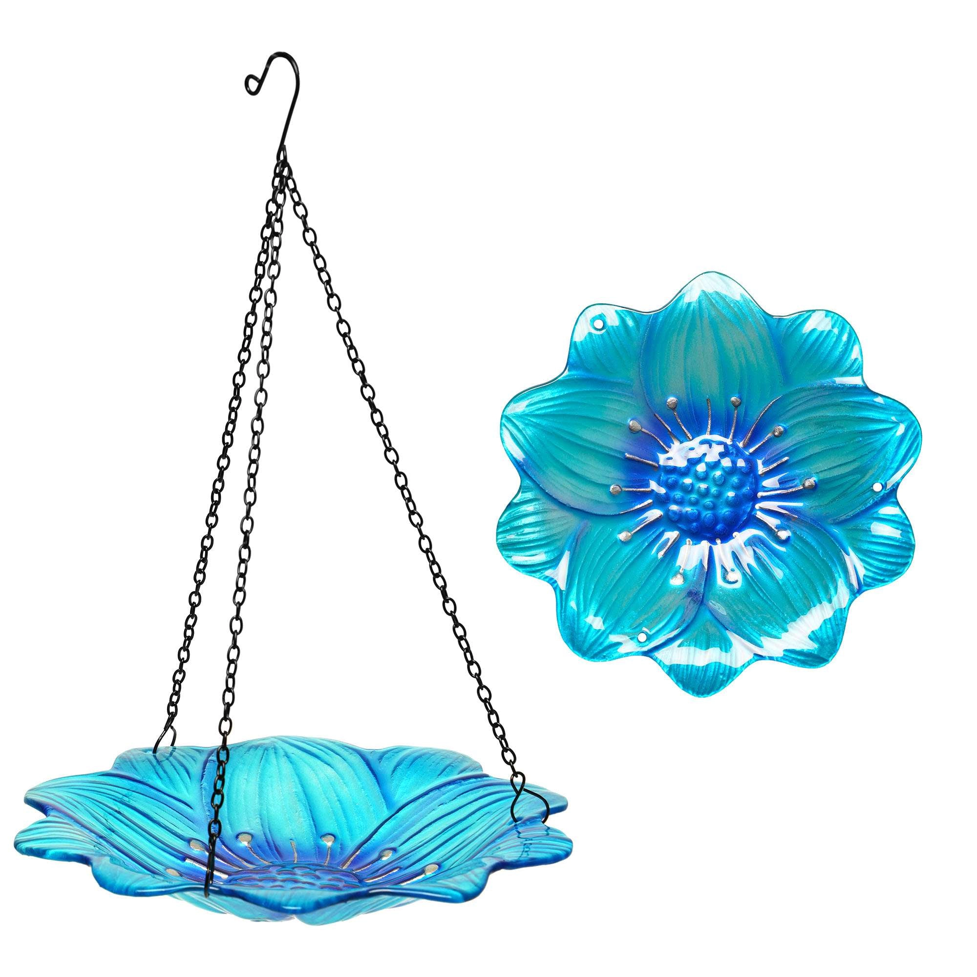 G128 10-inch Hanging Glass Bird Bath and Feeder Blue Flower Design