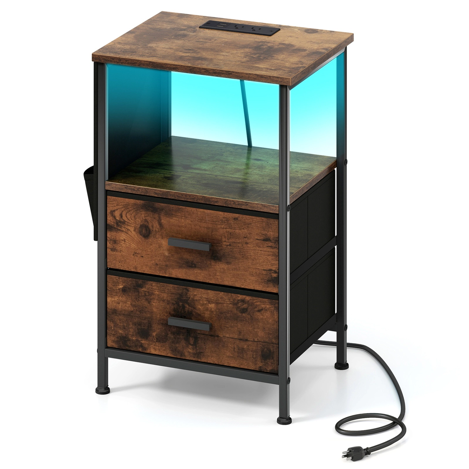 SUGIFT 23.5-in Rustic Brown LED Nightstand with Charging Station and 2 Fabric Drawers