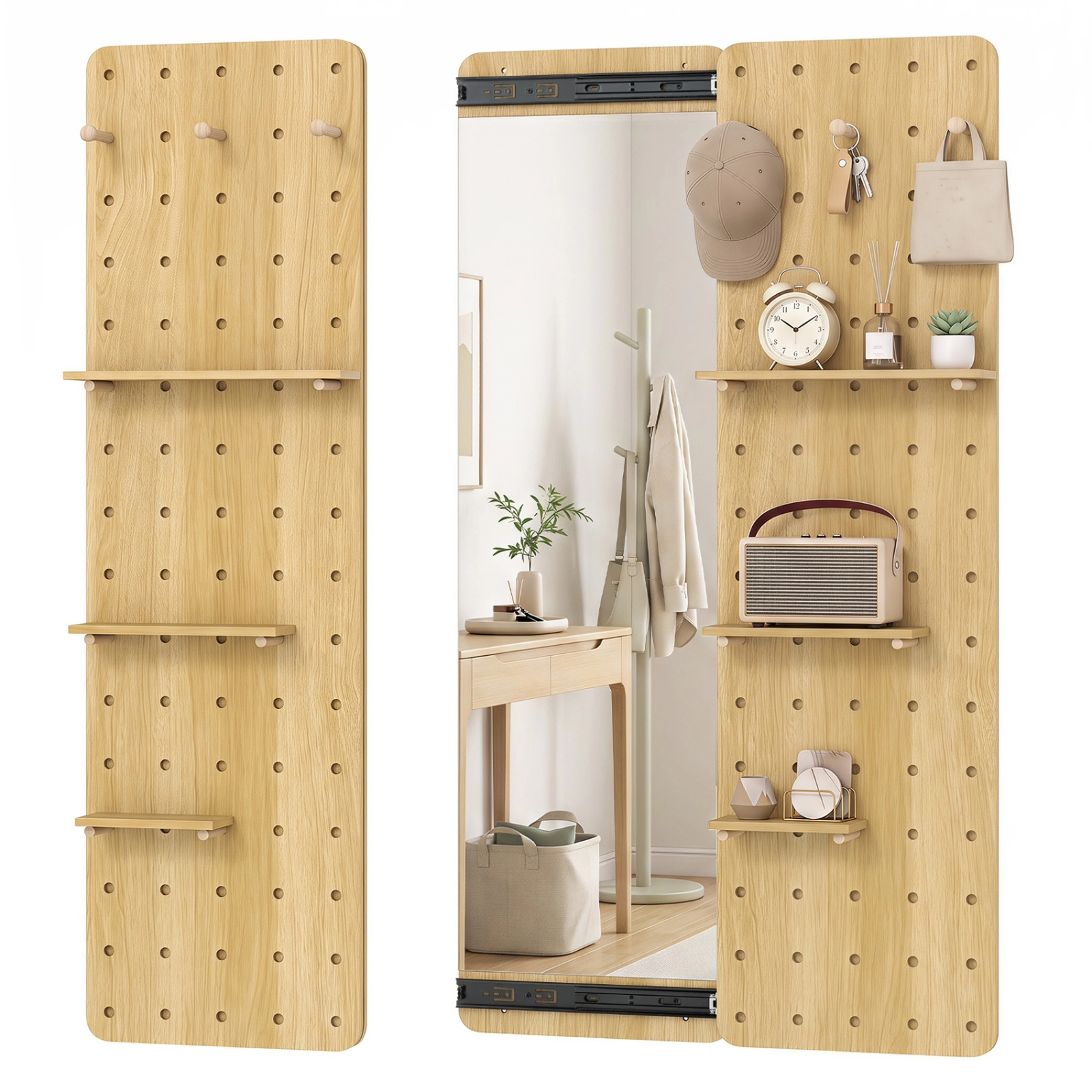 SUGIFT Solid Wood Full Length Mirror Natural with Pegboard Shelves and Hooks