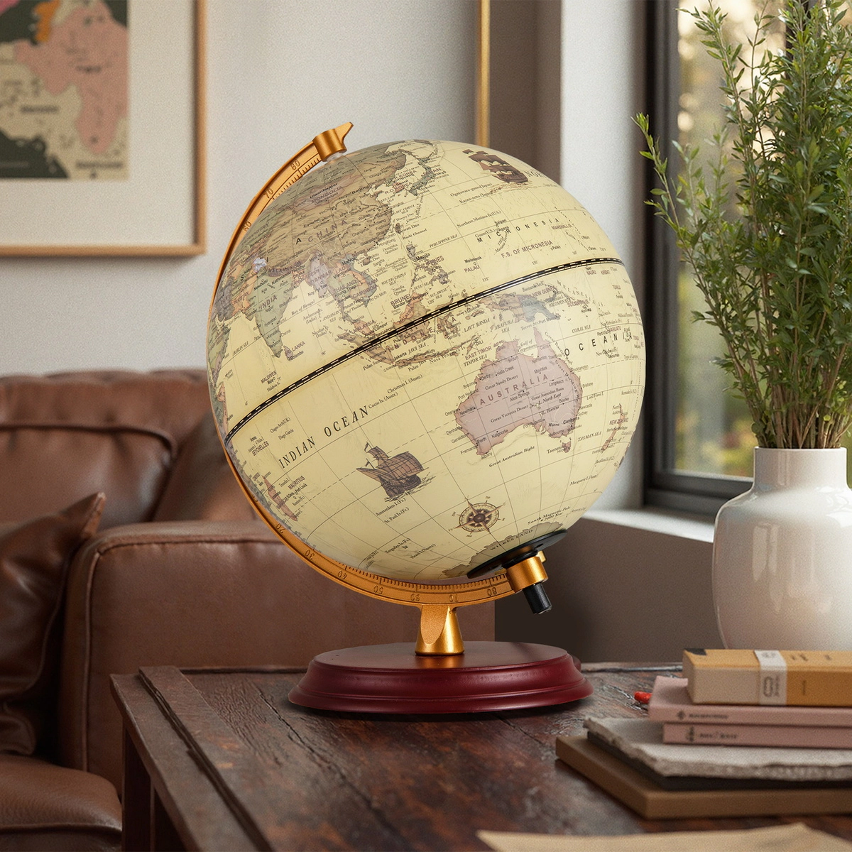 SUGIFT Kids Antique Style LED Light Up Wooden Stand World Globe 8-in Diameter 8.5-in x 8.5-in x 10.5-in Bronze