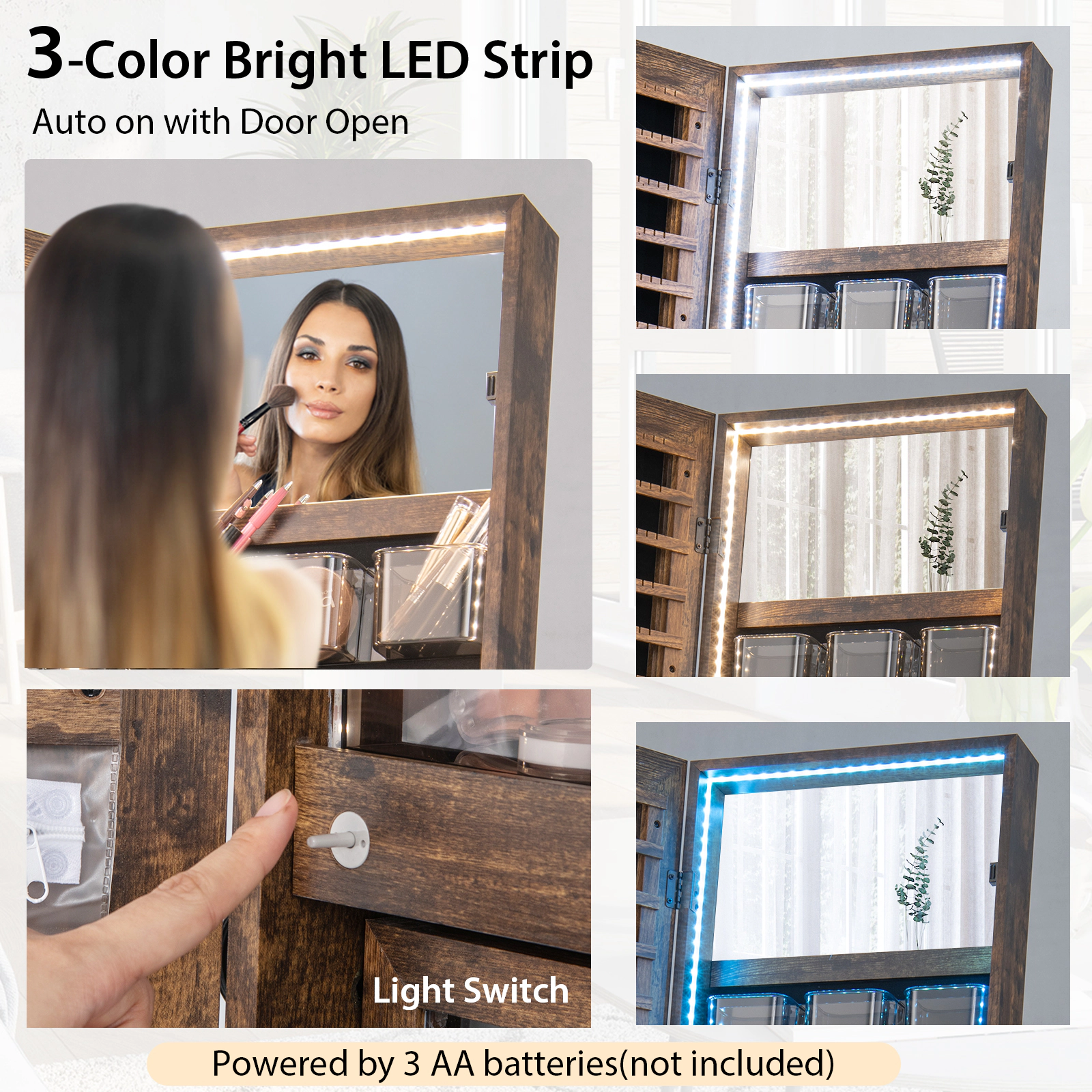 SUGIFT Freestanding Jewelry Cabinet with 47 Frameless Full-Length Mirror and Bottom Shelf