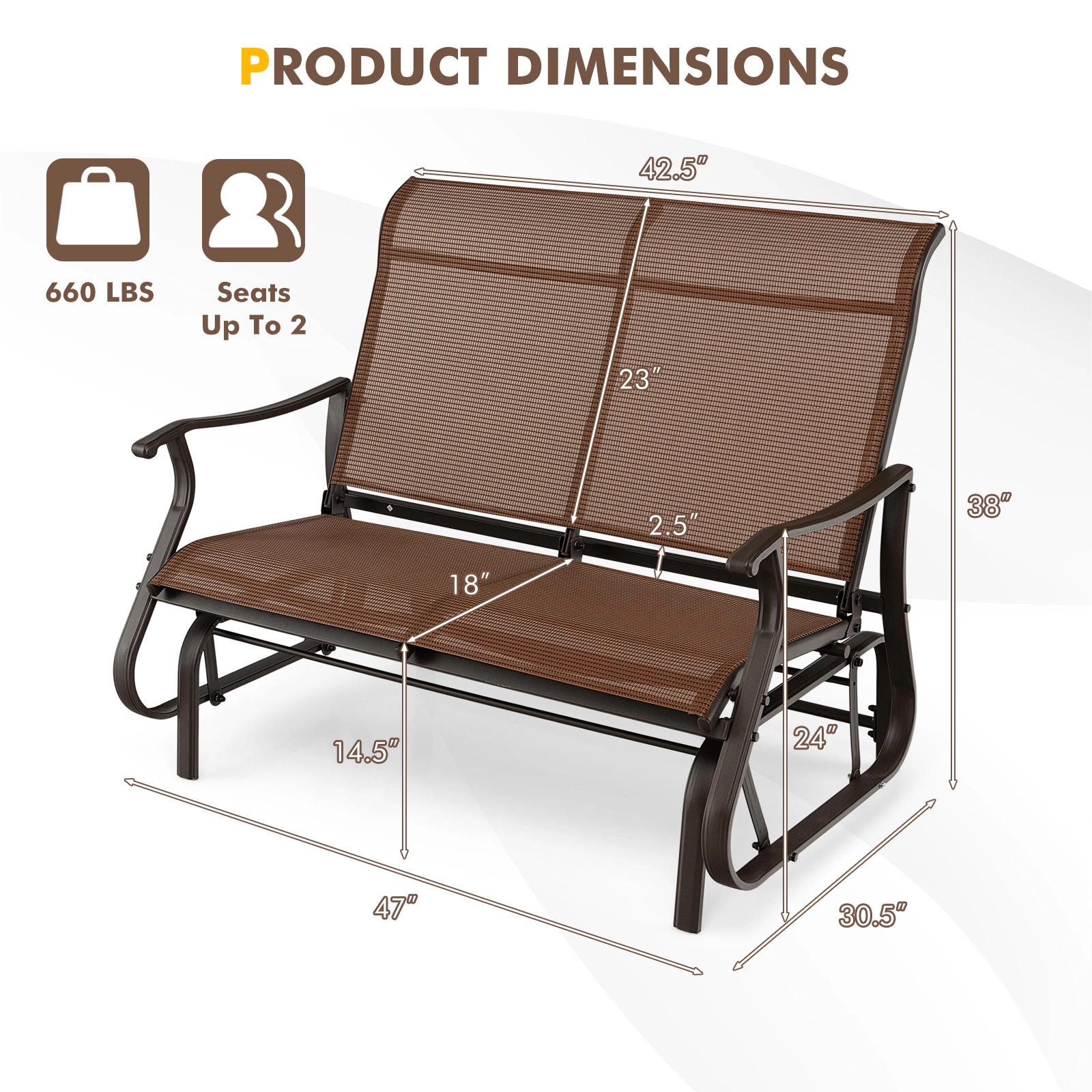 LJG 2-Person Patio Glider Bench with High Back and Curved Armrests