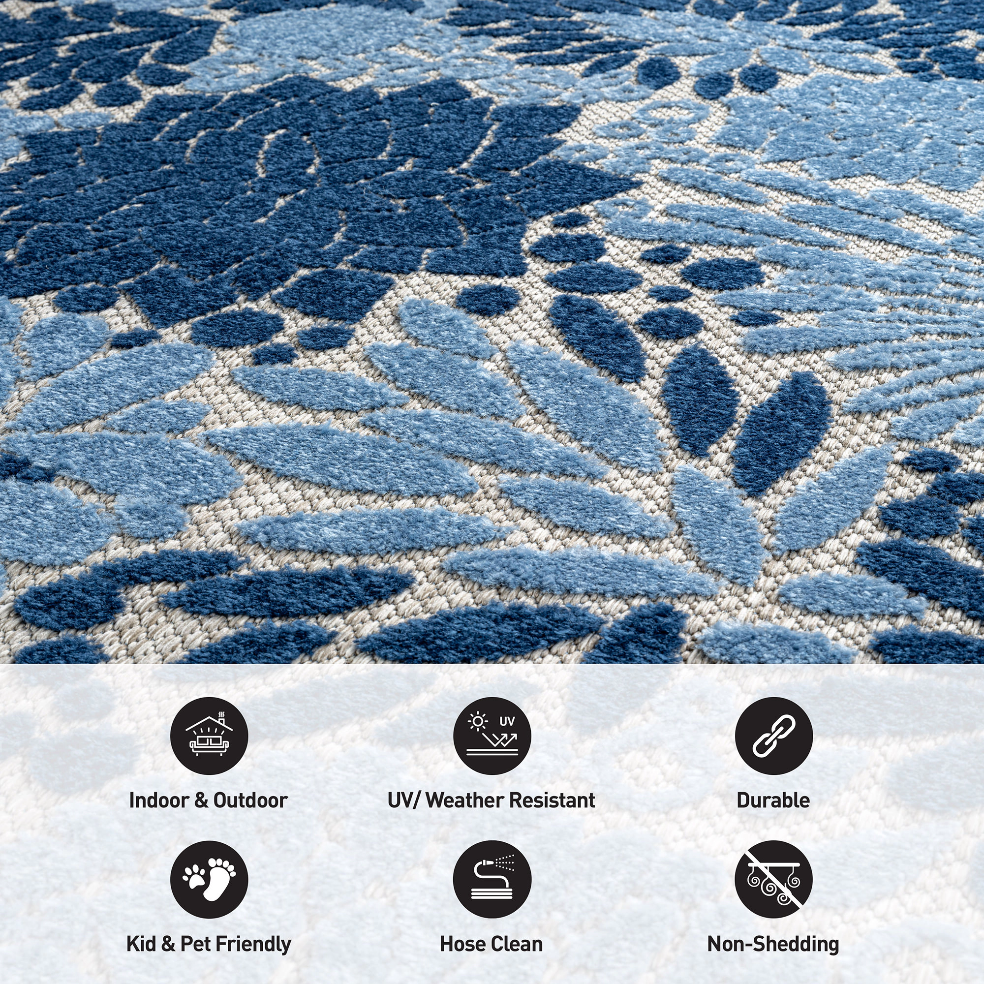 World Rug Gallery Indoor/Outdoor High-Low Textured Area Rug, Floral Beige/Multi, Easy-Clean Patio