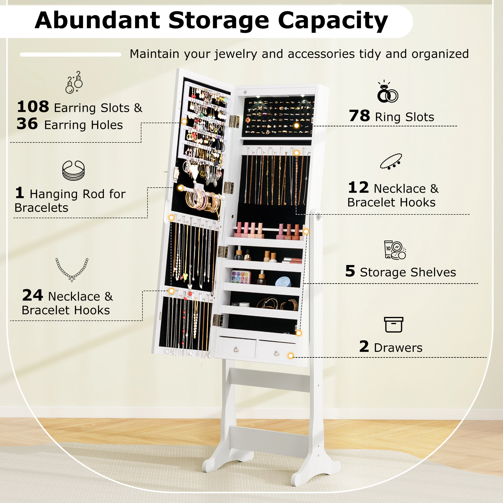 SUGIFT Freestanding Jewelry Cabinet White Lockable Armoire with Full-Length Mirror and Lights