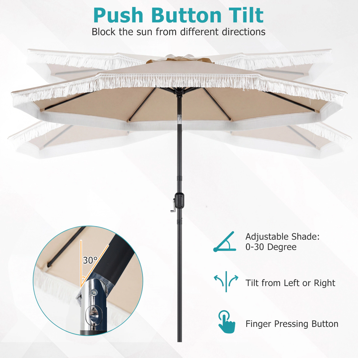 SlickBlue 9 FT Outdoor Patio Umbrella with Tilt Function and Tassel Fringe