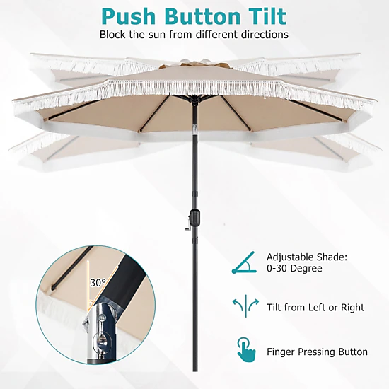 SlickBlue 9 FT Outdoor Patio Umbrella with Tilt Function and Tassel Fringe