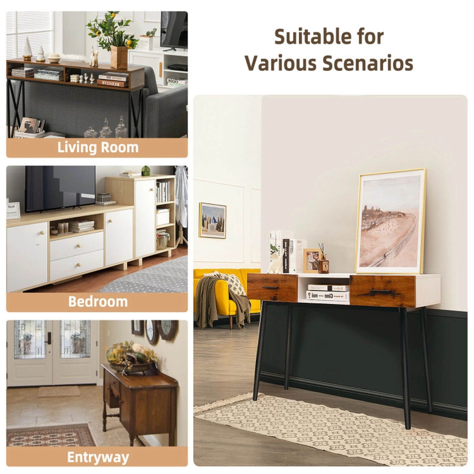 SUGIFT 42-in Industrial Console Table with 2 Drawers and Open Shelf 88-lb Capacity Black White Brown