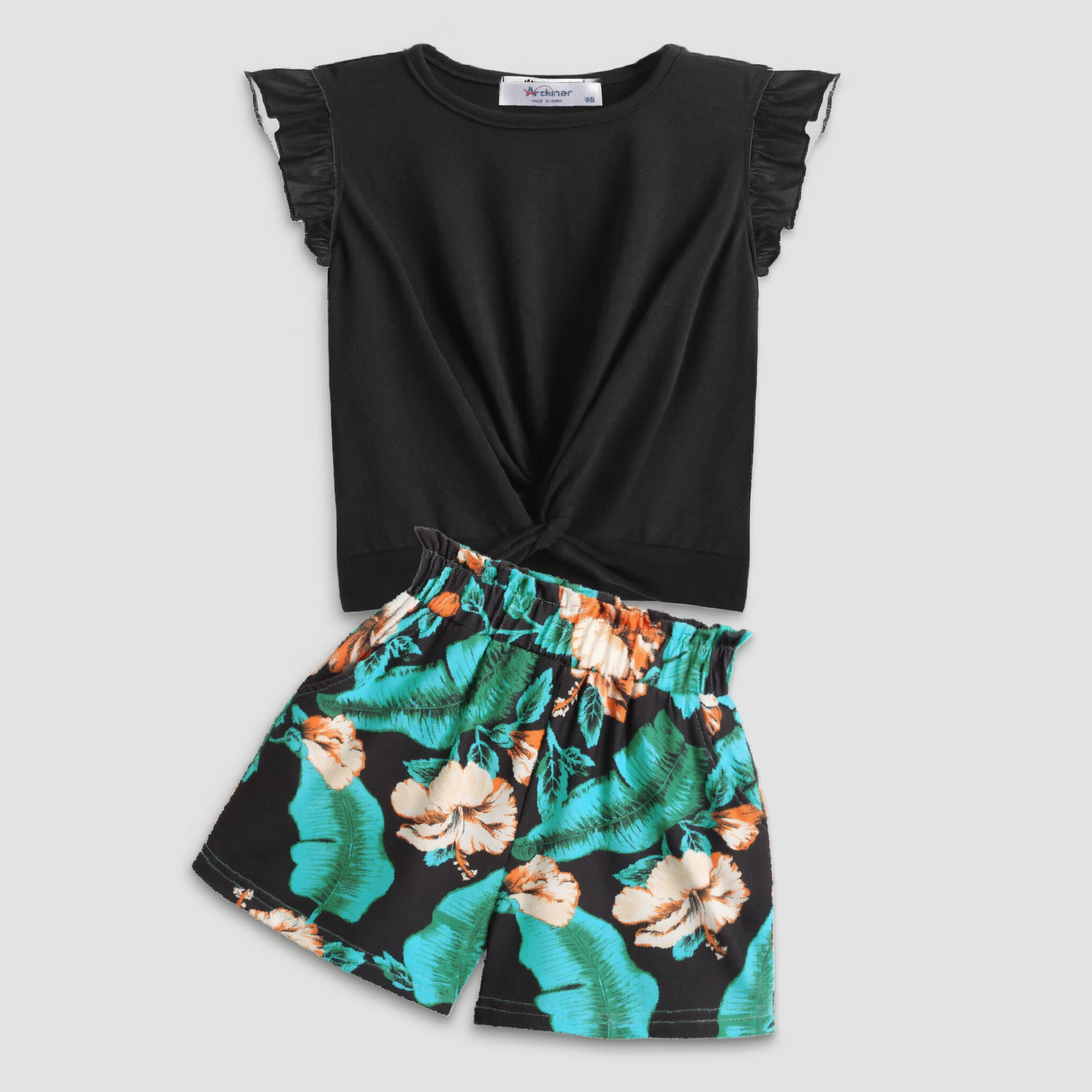 Arshiner Girls Shorts Sets Twist Front Ruffle Sleeve Tshirts And With Pockets Cute Clothes