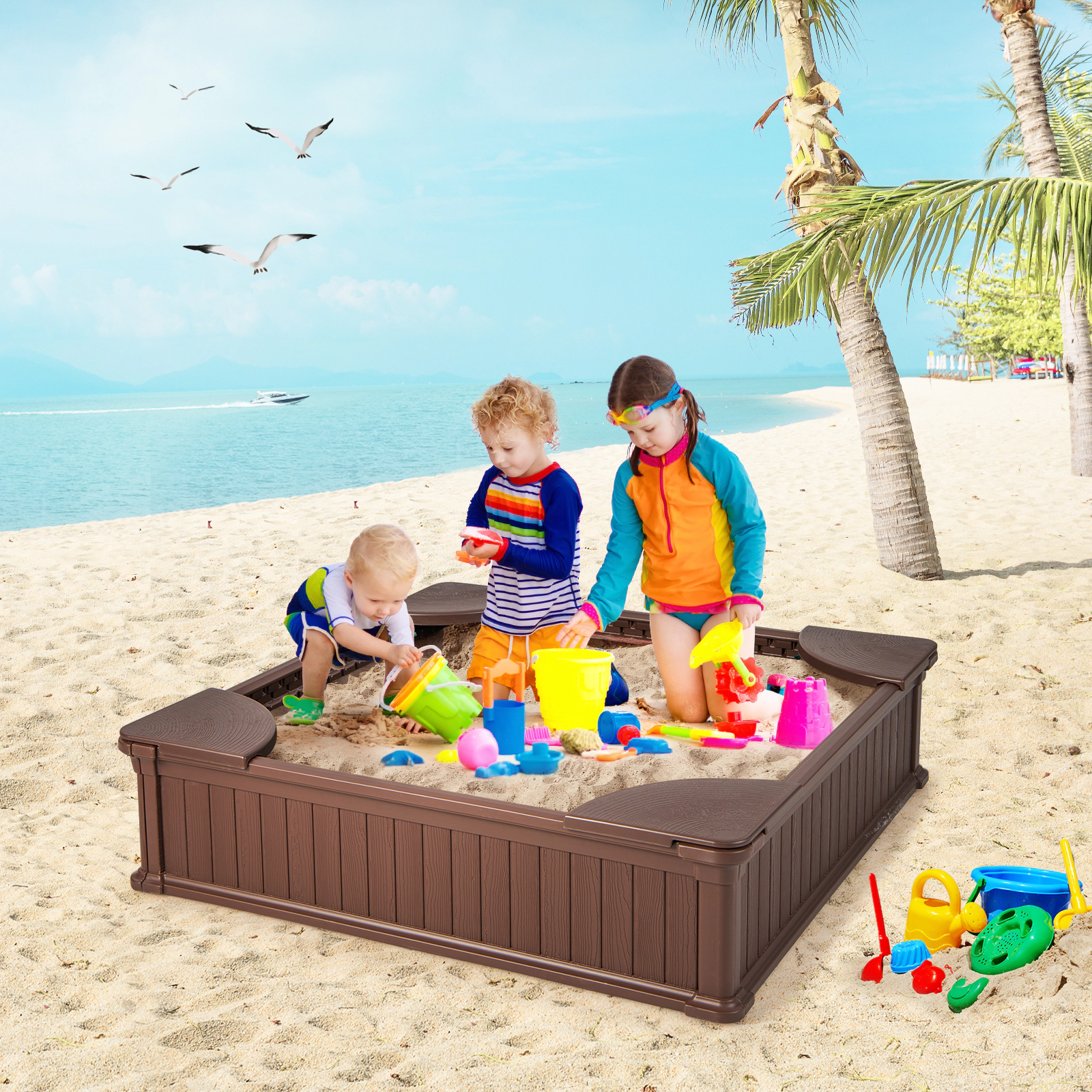 LJG Kids Outdoor Sandbox with Oxford Cover and 4 Corner Seats