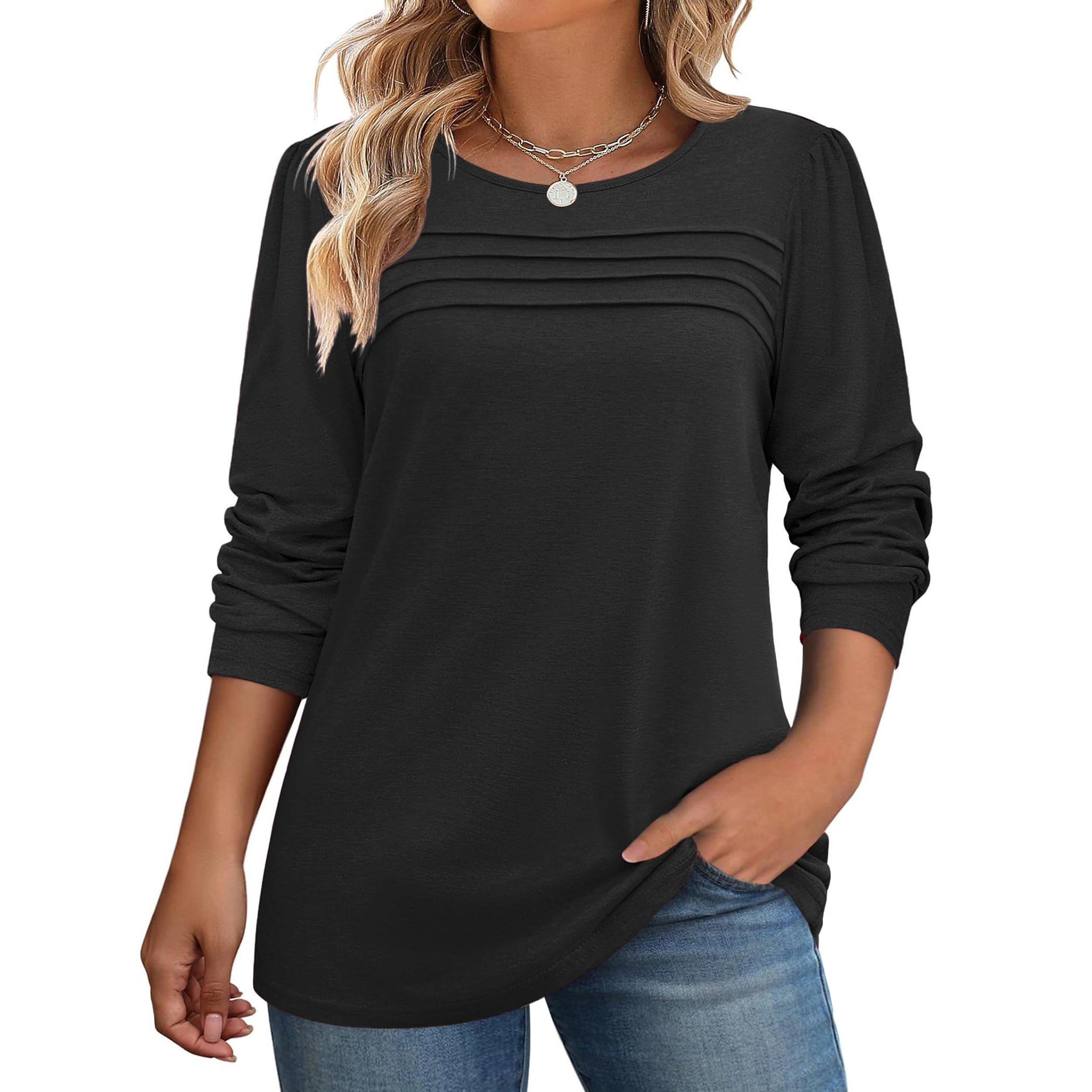 Zeagoo Women Pleated Crew Neck Tunic Top