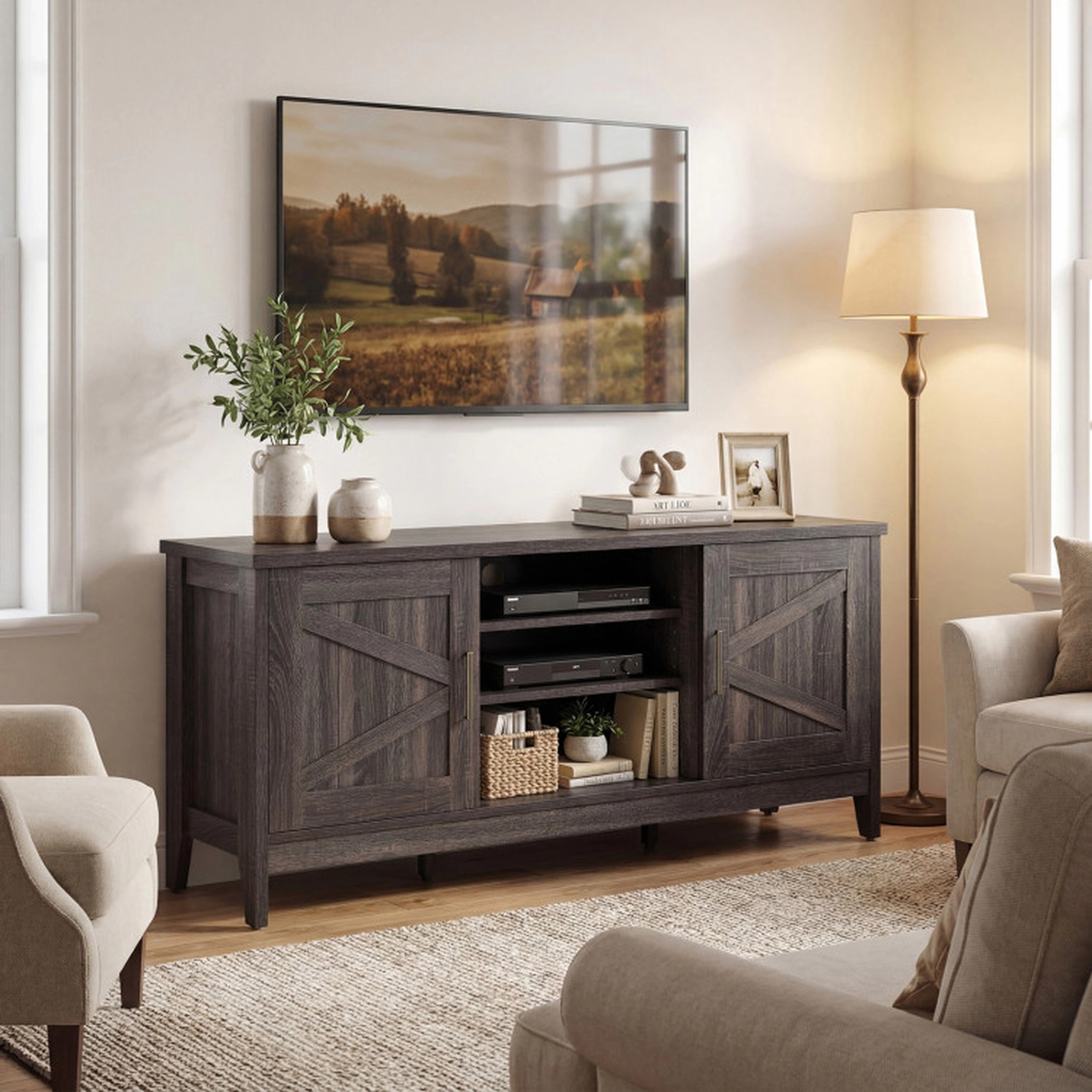 SUGIFT Gray Farmhouse TV Stand for TVs up to 65 in, 2 Barn Door Cabinets
