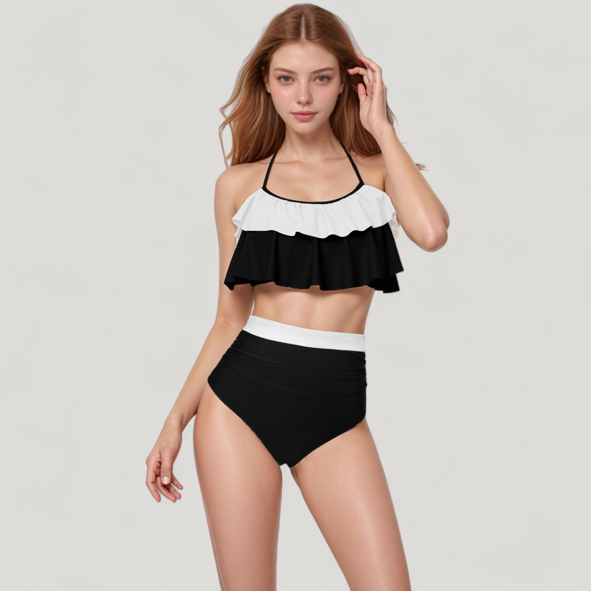 Anna-Kaci Women's Ruffle Flounce Bikini Top and High Waist Bottom 2-Piece Swimsuit with Contrast Trim