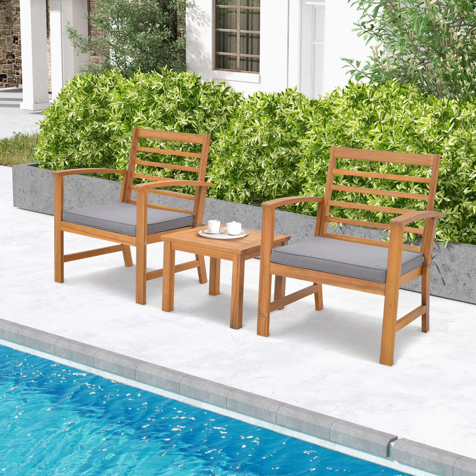 SUGIFT Table and Soft Seat Cushions 3-Piece Acacia Wood Patio Chair Set