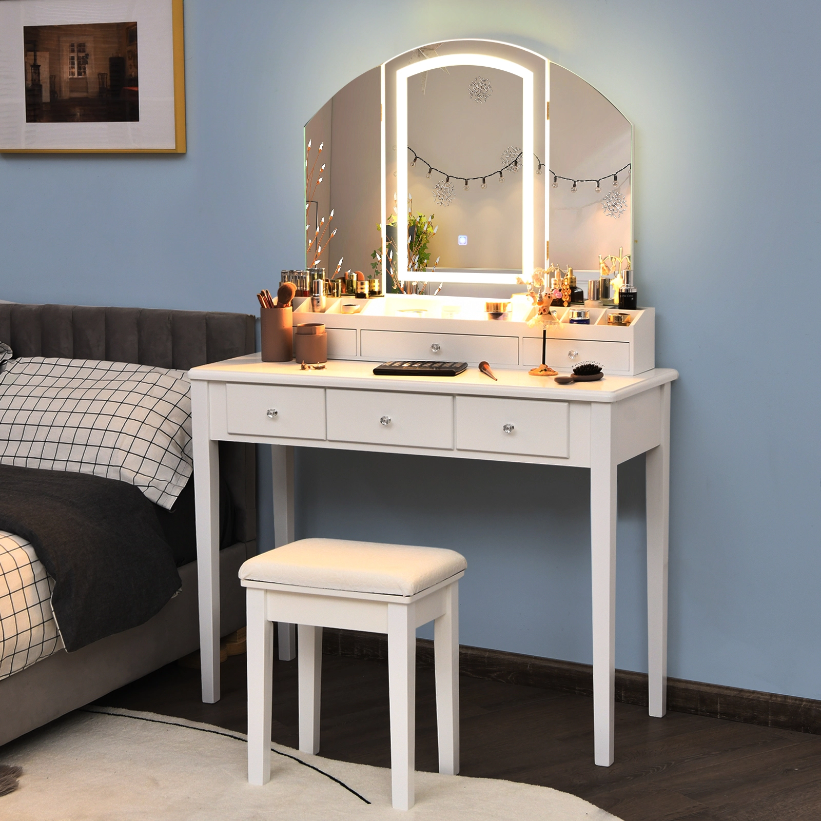 SUGIFT Vanity Table and Stool Set with Lighted Tri-Fold Mirror and 6 Drawers in White