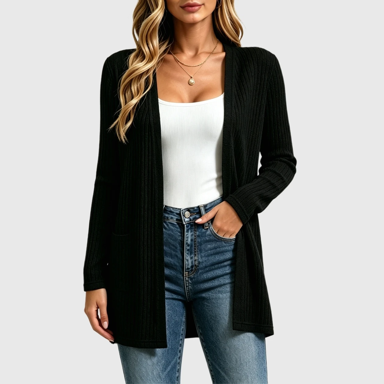 YesFashion Women's Long Cardigans Casual Open Front Sleeve Knit Loose Sweaters with Pockets