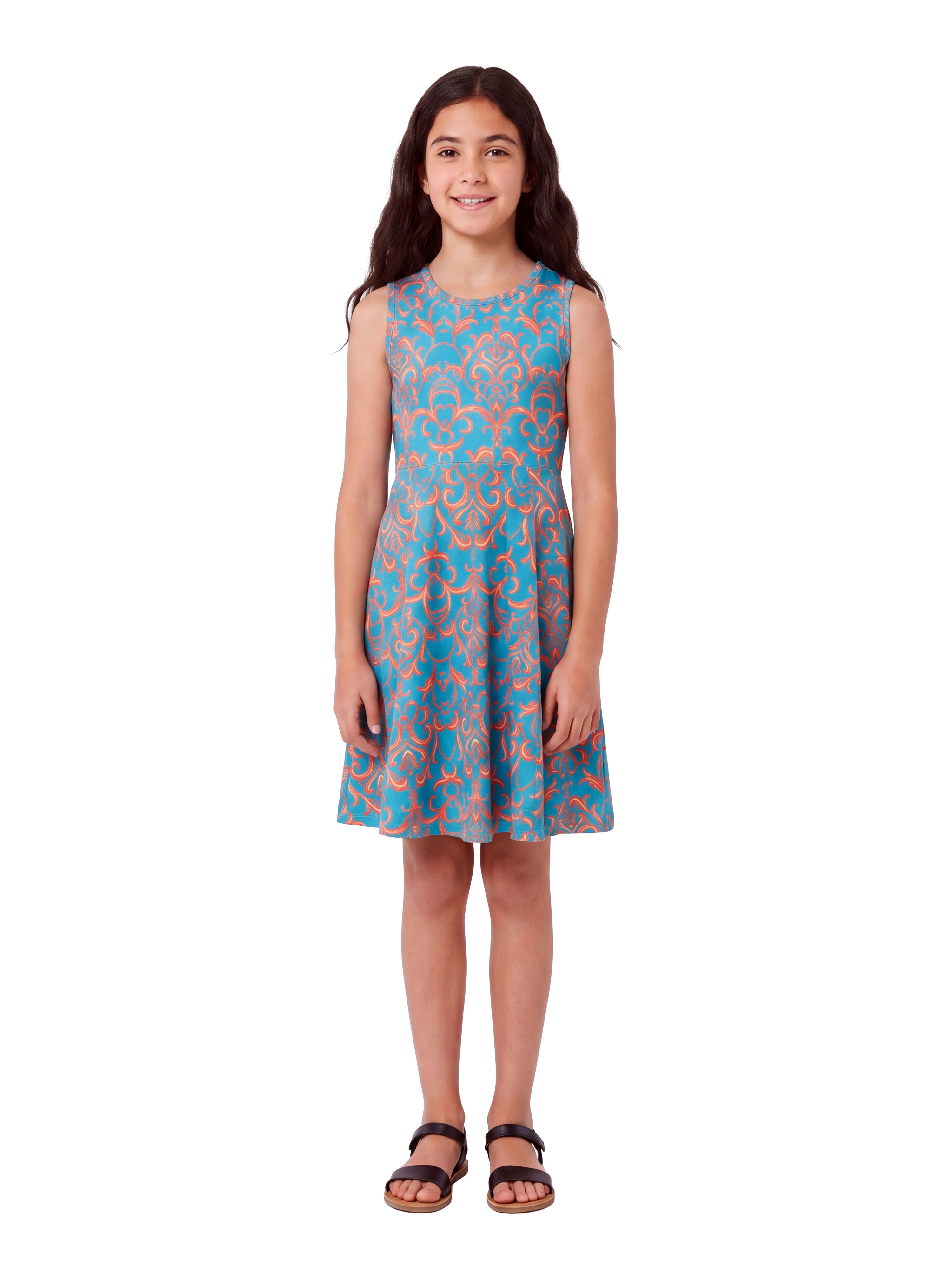 24sevenKid Essential Girls Sky Blue and Orange Print Fit and Flare Dress