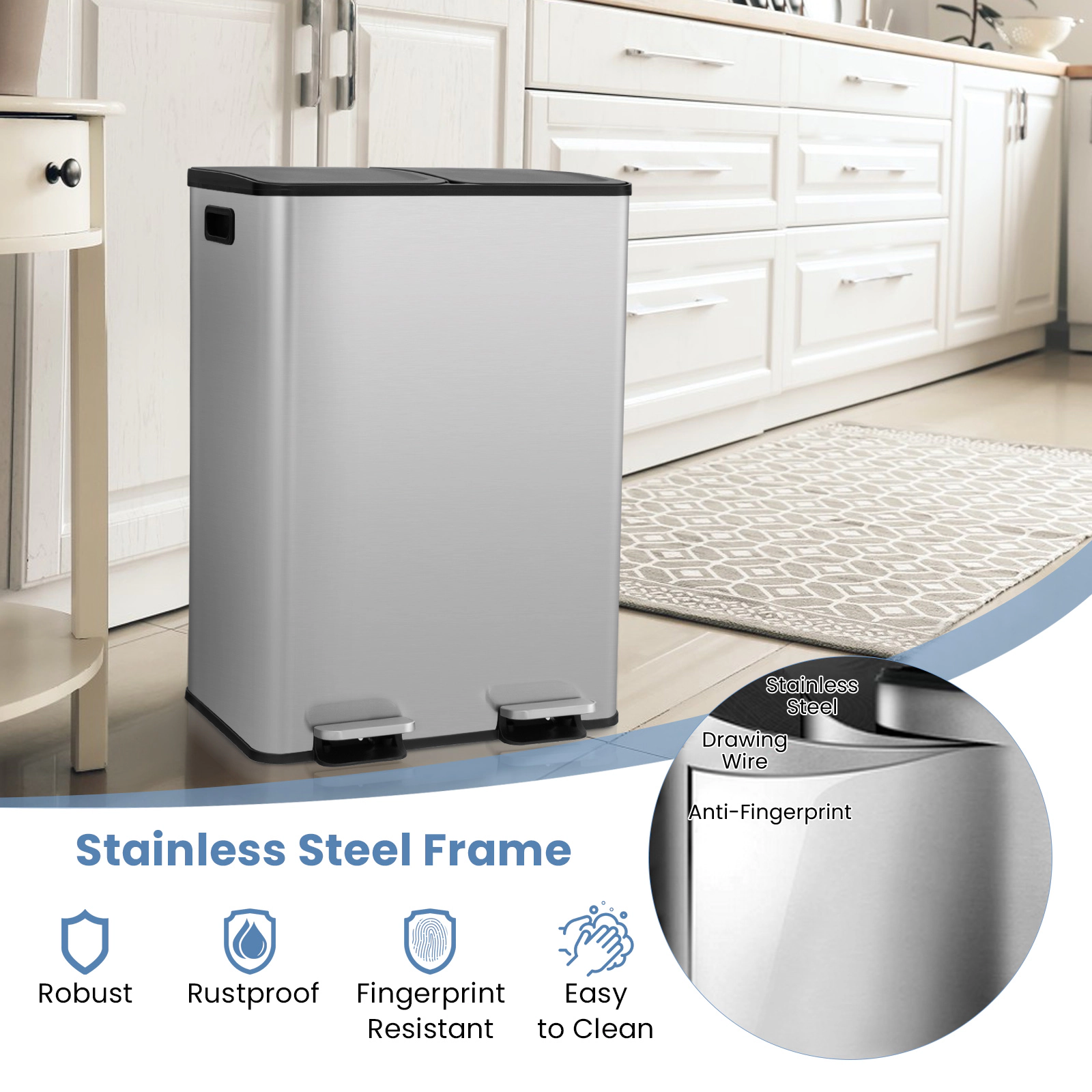 SUGIFT 2 x 8-Gal Silver Dual Compartment Stainless Steel Step Trash Can with Deodorizer Compartments